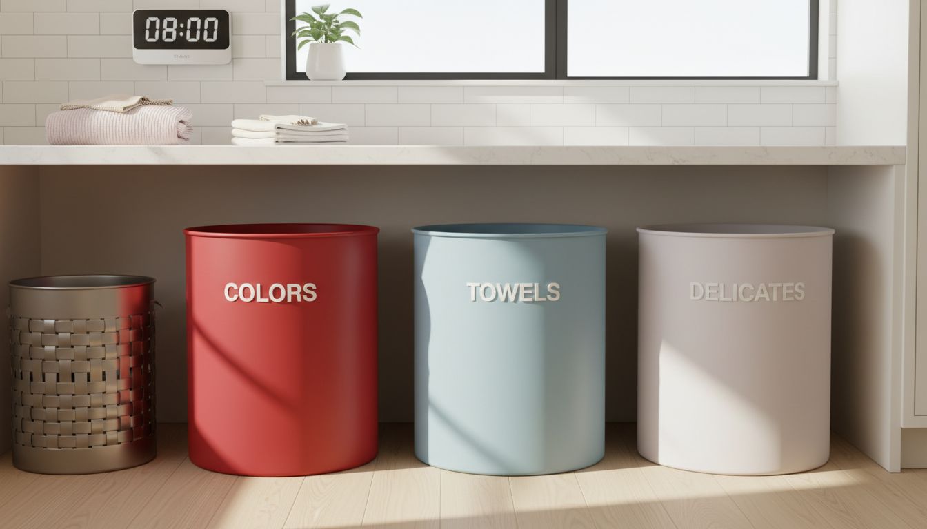 How does one set up an 8-minute “laundry sort station” (colors, towels, delicates) so clean clothes stop living in baskets