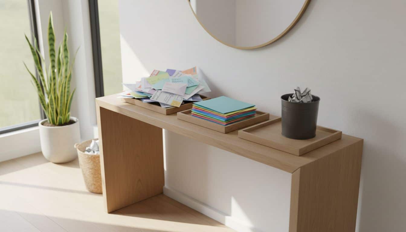 How does one set up a 3-step “do it, file it, trash it” paper spot for school forms, manuals, and random handouts