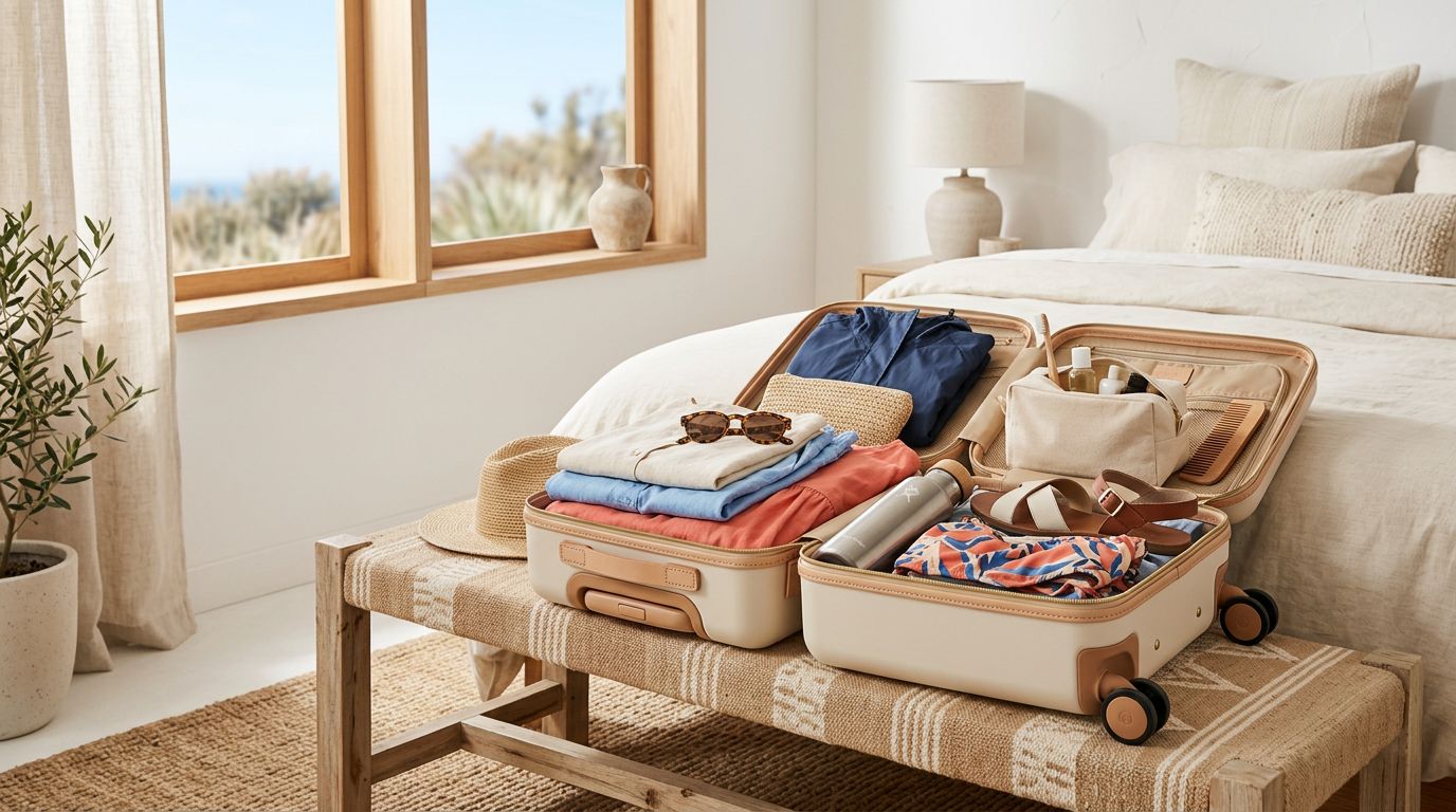 An open carry on suitcase packed with summer clothes and accessories on a sunny bench.