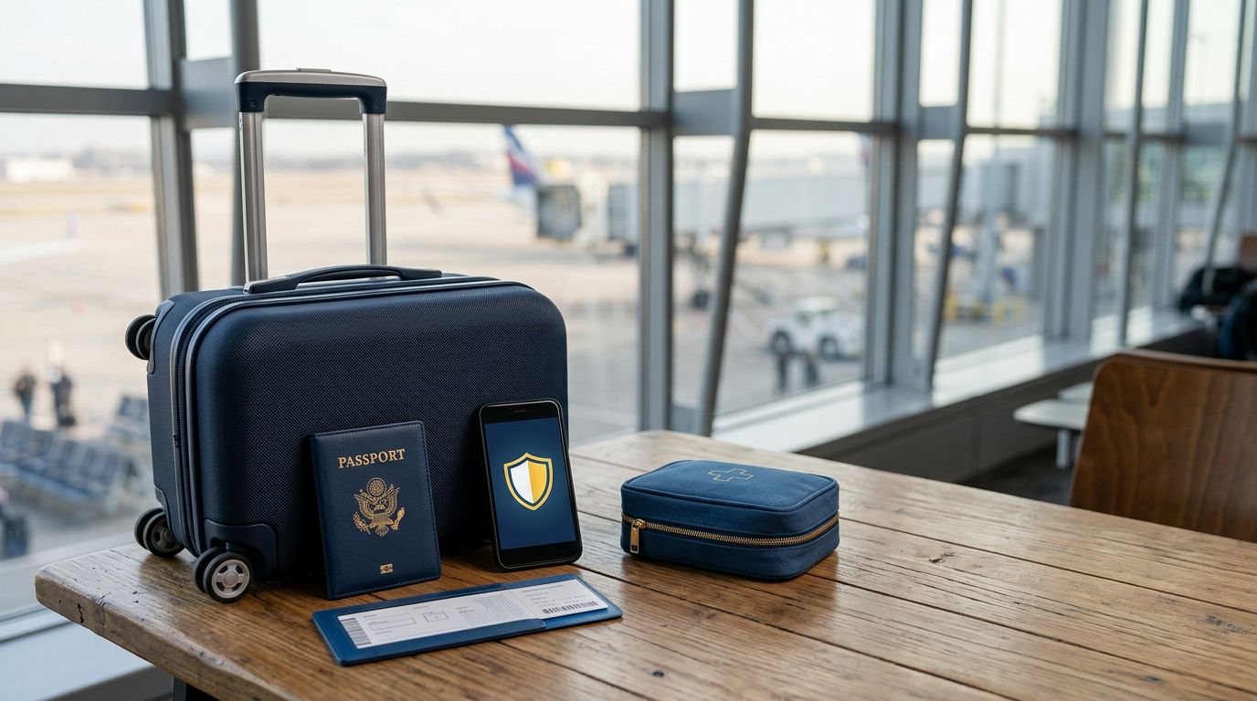 A suitcase, passport, boarding pass, smartphone with a shield icon, and medical kit on an airport table.