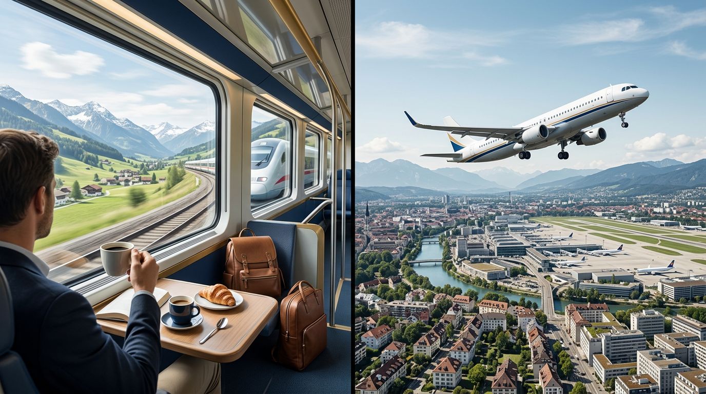 A train travels through the Alps beside an airplane climbing over a city.