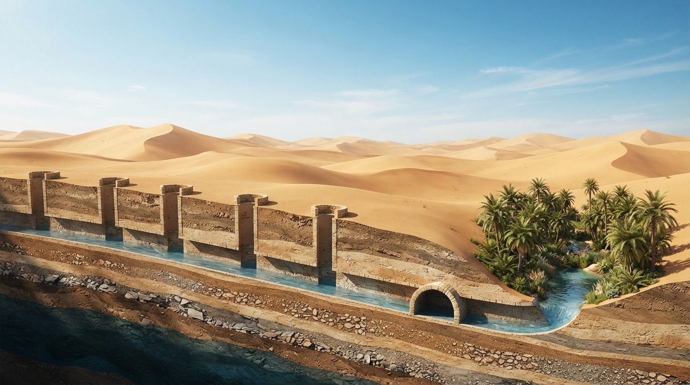 A desert tunnel carries groundwater beneath dunes toward a green oasis.