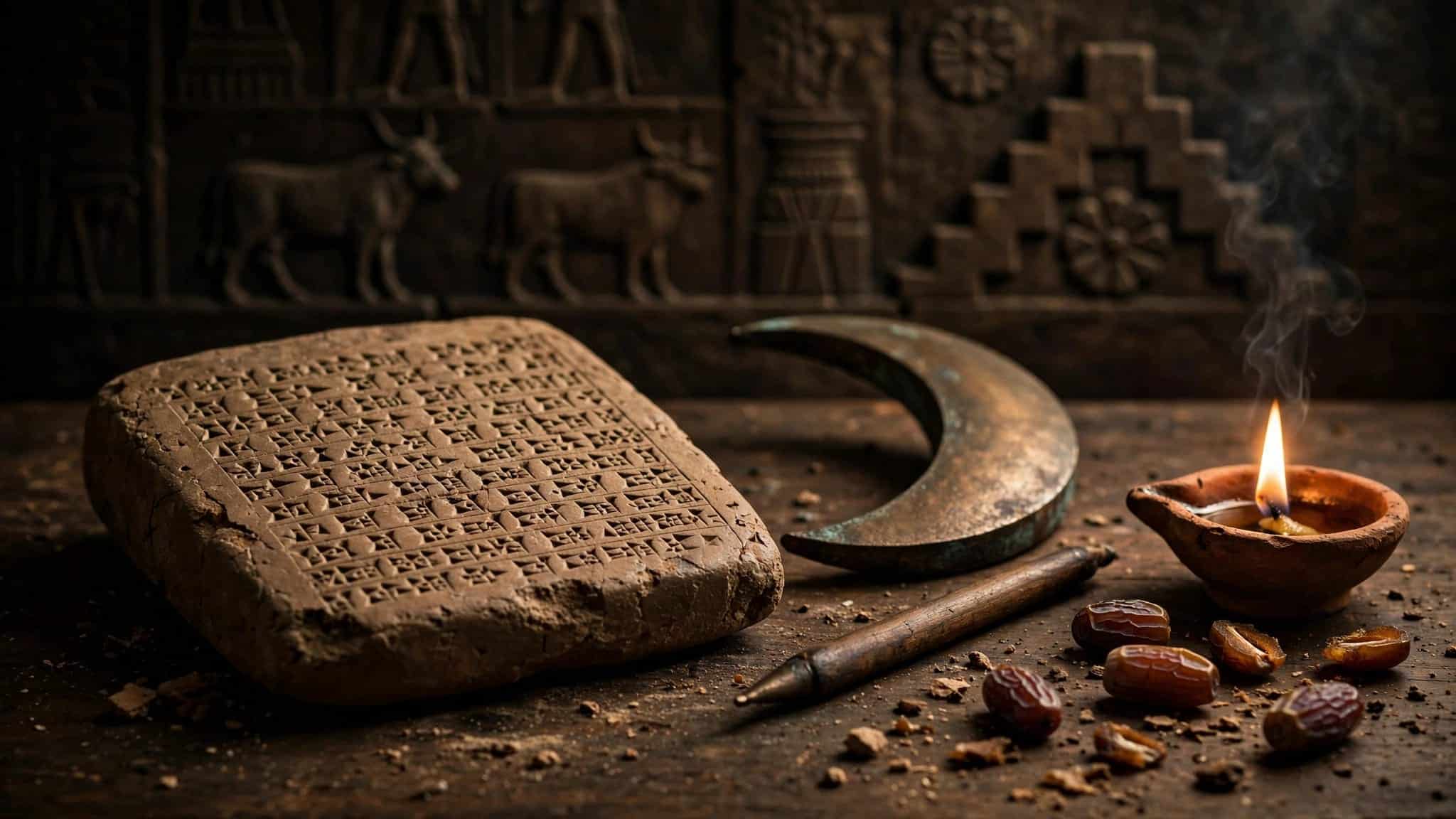 A Babylonian clay tablet beside a crescent, stylus, lamp, and date tokens.