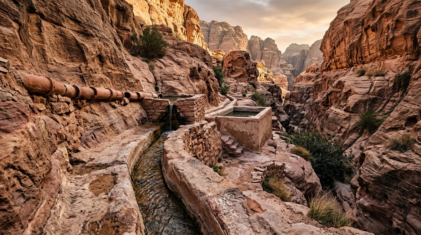 A narrow water channel leads to a cistern between Petra’s red sandstone cliffs.