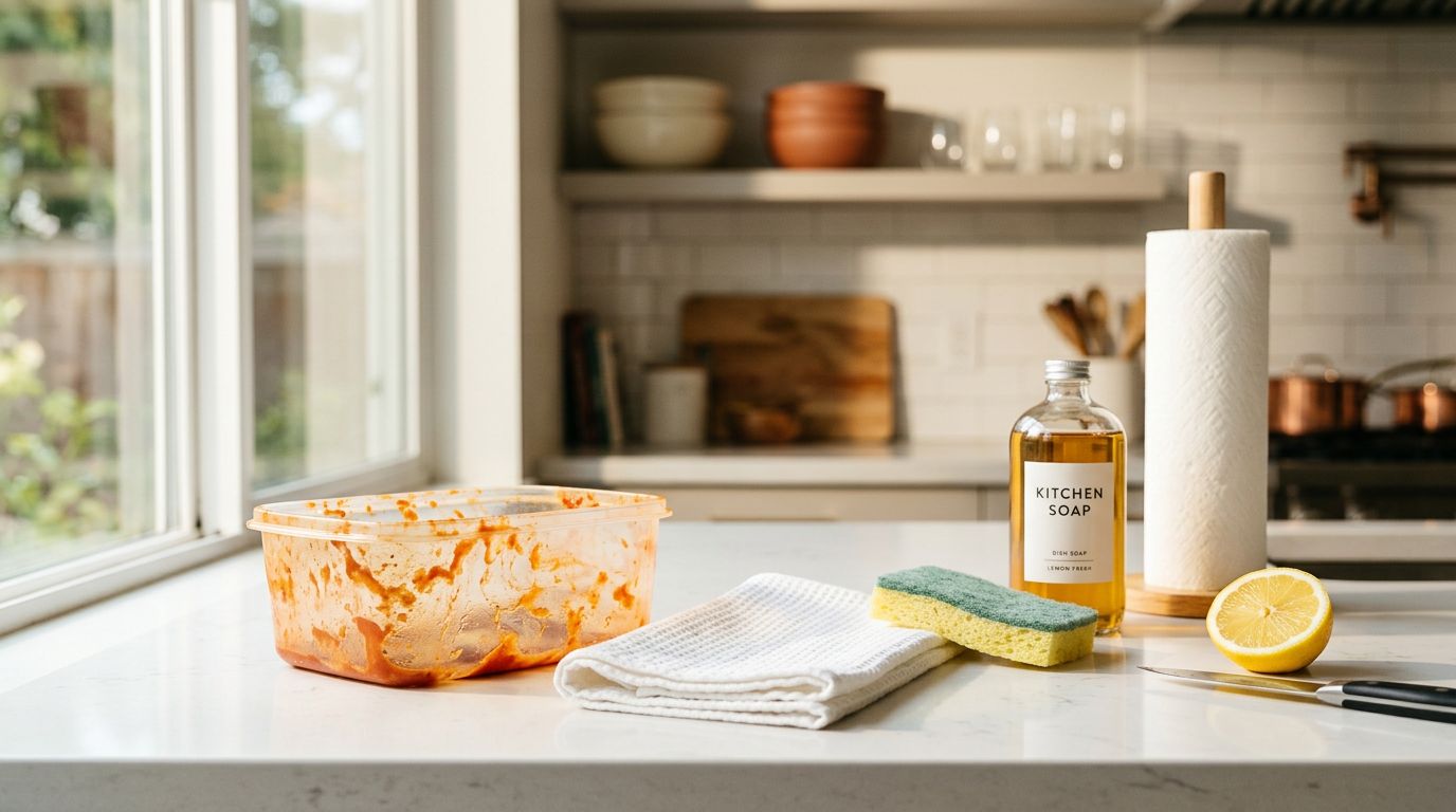 A stained plastic container sits beside soap, a sponge, lemon, and towels.