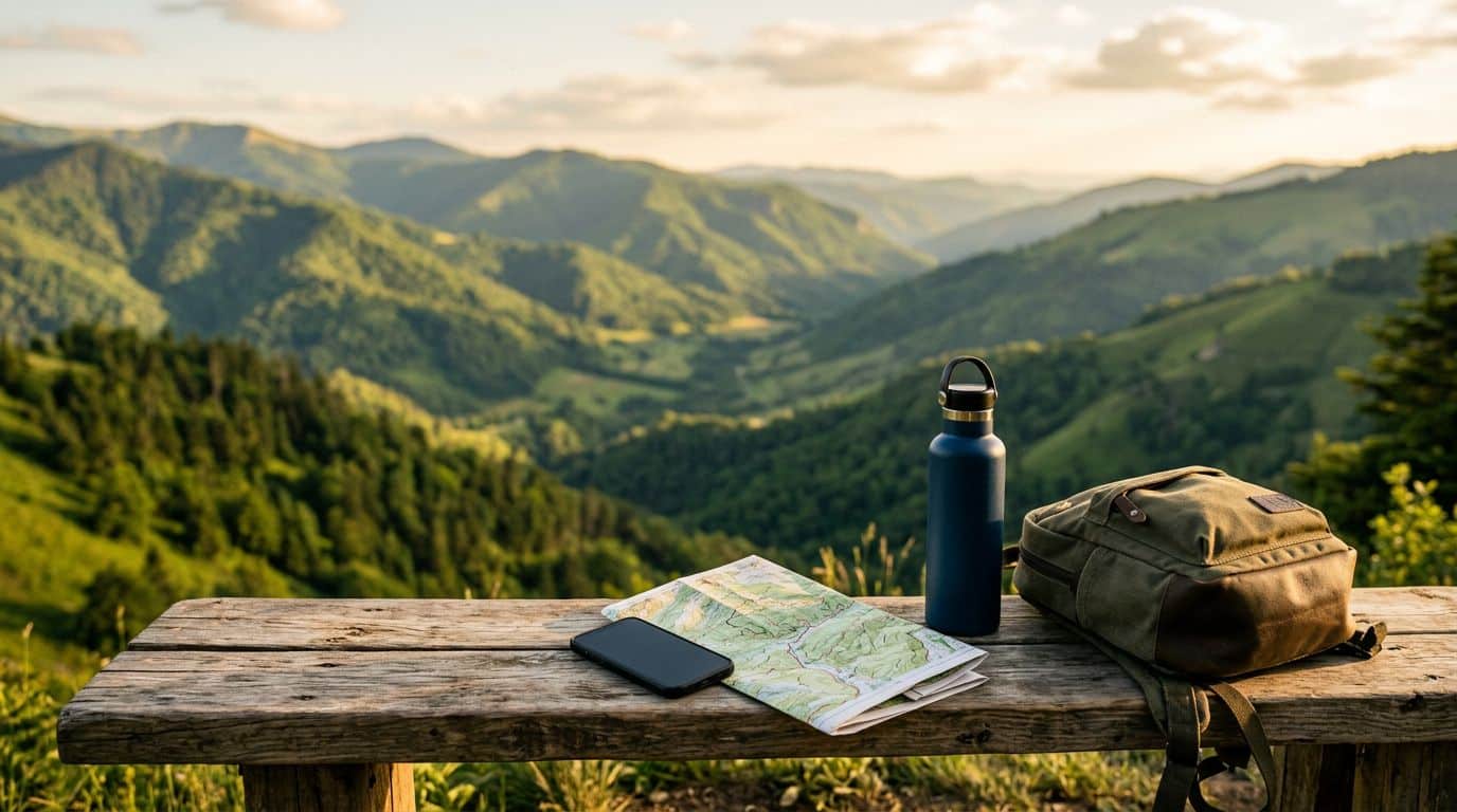 A phone, map, water bottle, and daypack sit on a bench above a green valley.