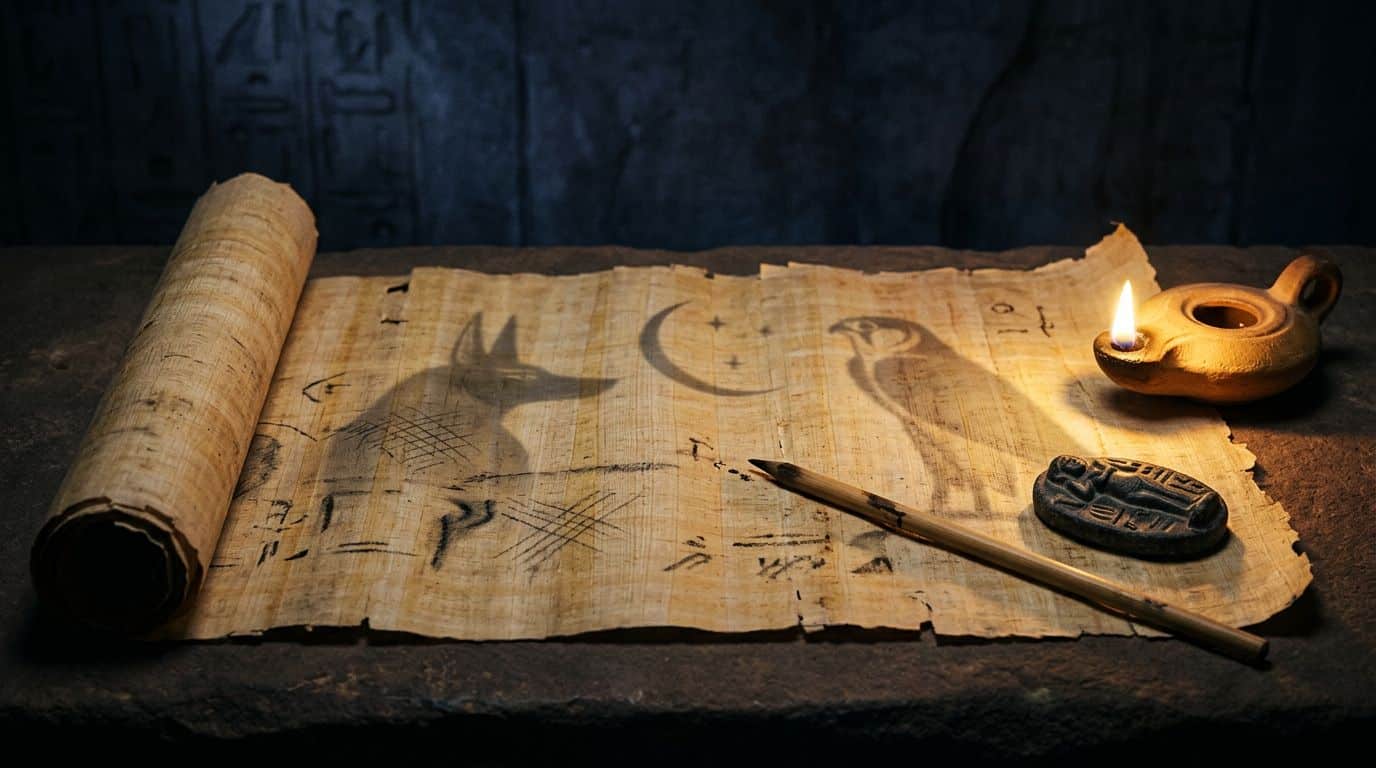 An ancient papyrus scroll beside a reed pen, amulet, and glowing oil lamp.