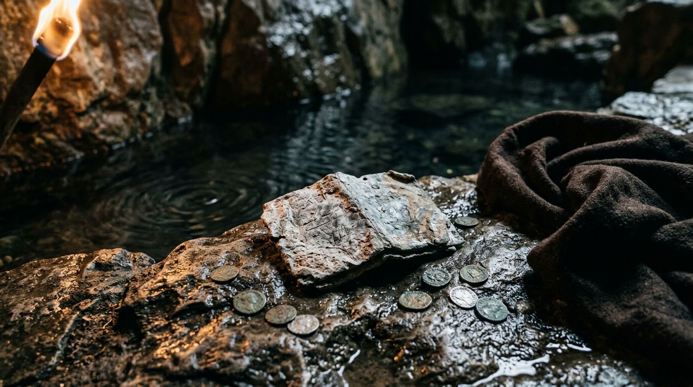 A folded Roman tablet beside wet stones, coins, and a hooded cloak near a spring.