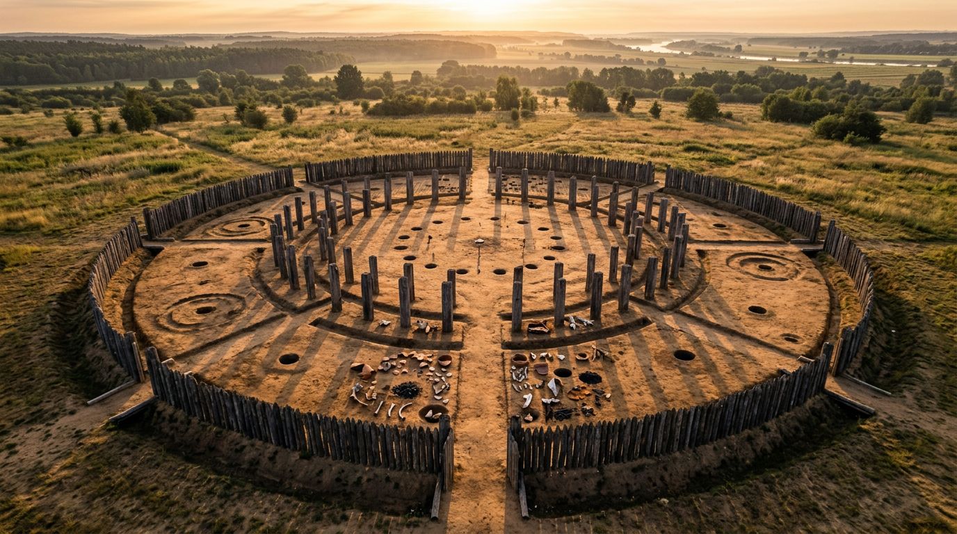 A prehistoric timber circle with ritual objects under golden sunrise light.