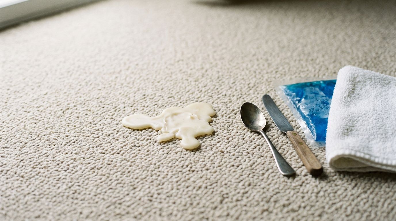 Hardened candle wax on carpet beside cleaning tools and a folded towel.
