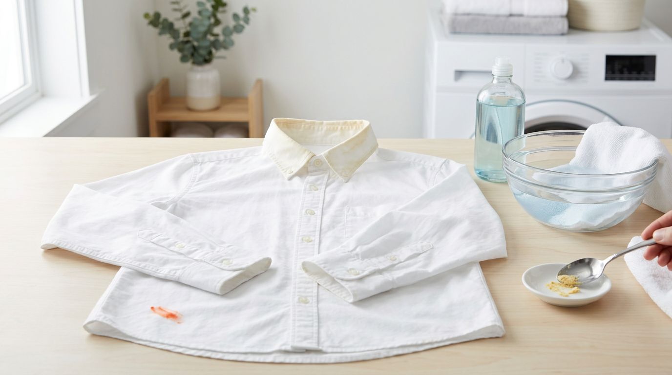 White shirt with sunscreen stains beside water, dish soap, cloth, and spoon.