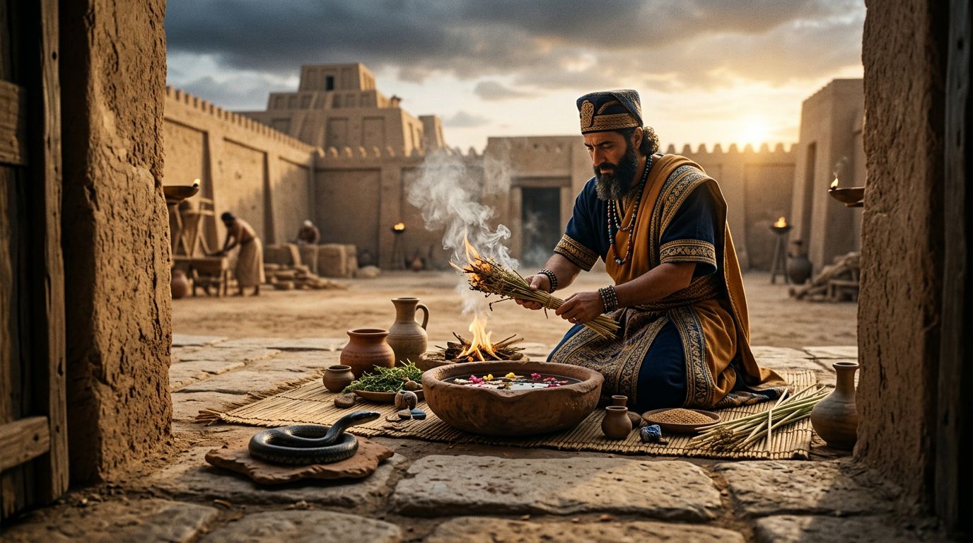 A robed ritual specialist performs a ceremony beside a clay bowl.