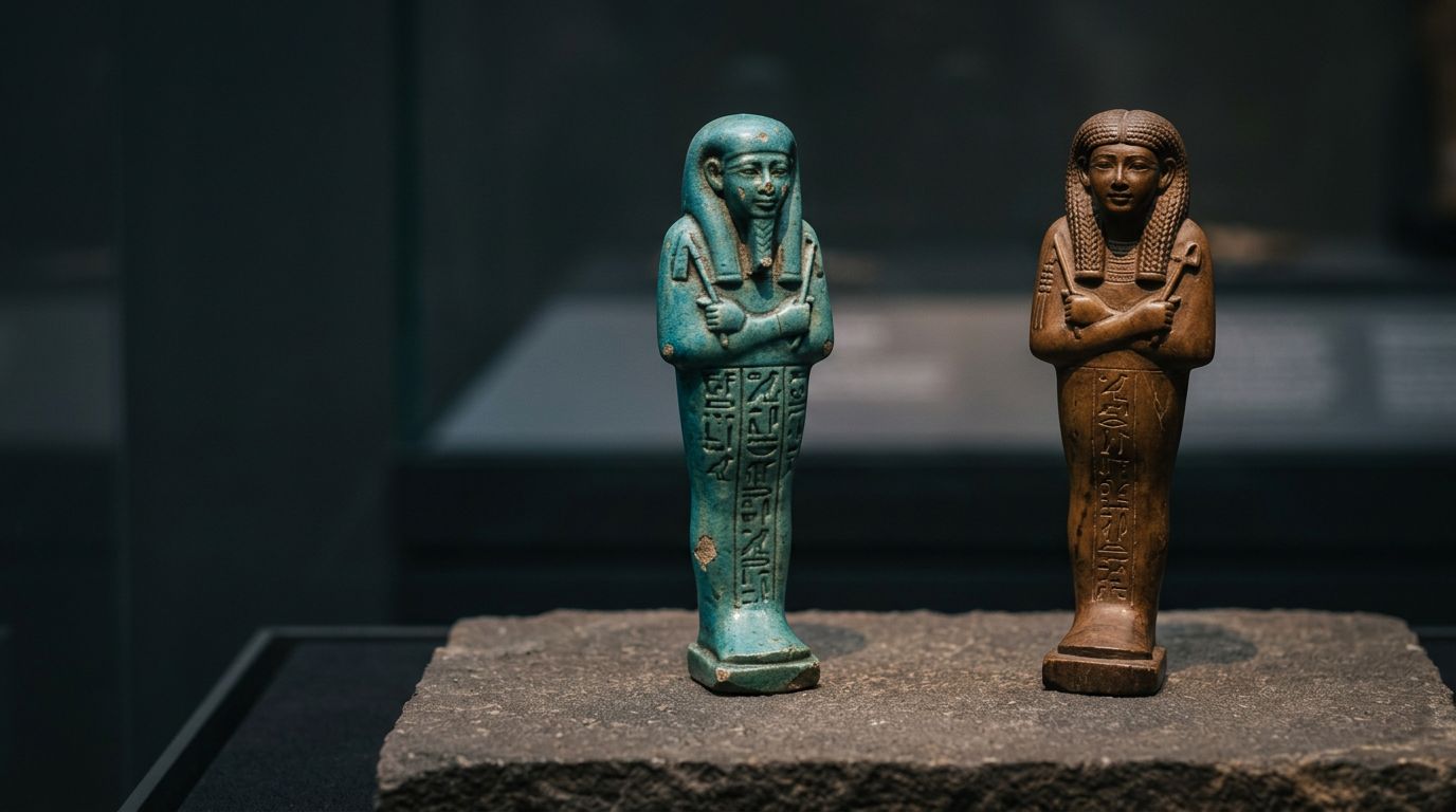 Blue-green and brown Egyptian funerary figurines rest side by side with crossed arms and tiny tools.