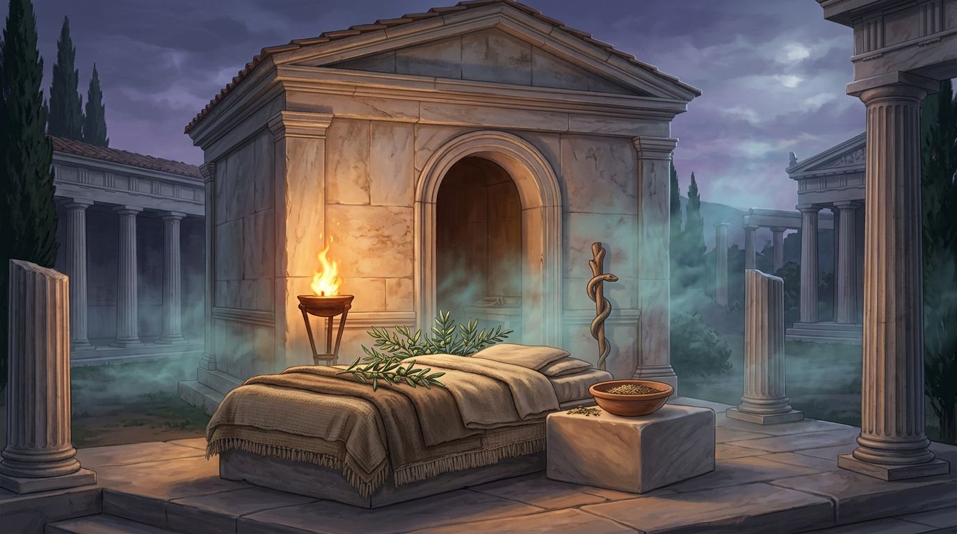 A stone bed and offerings sit inside an ancient Greek healing chamber at dusk.