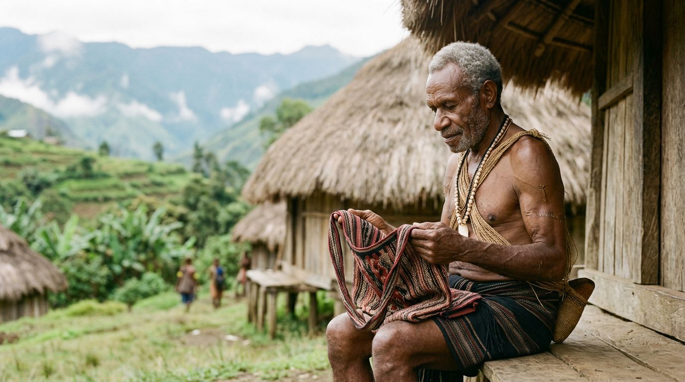 Dani elder holding a woven mourning textile in a green highland valley.