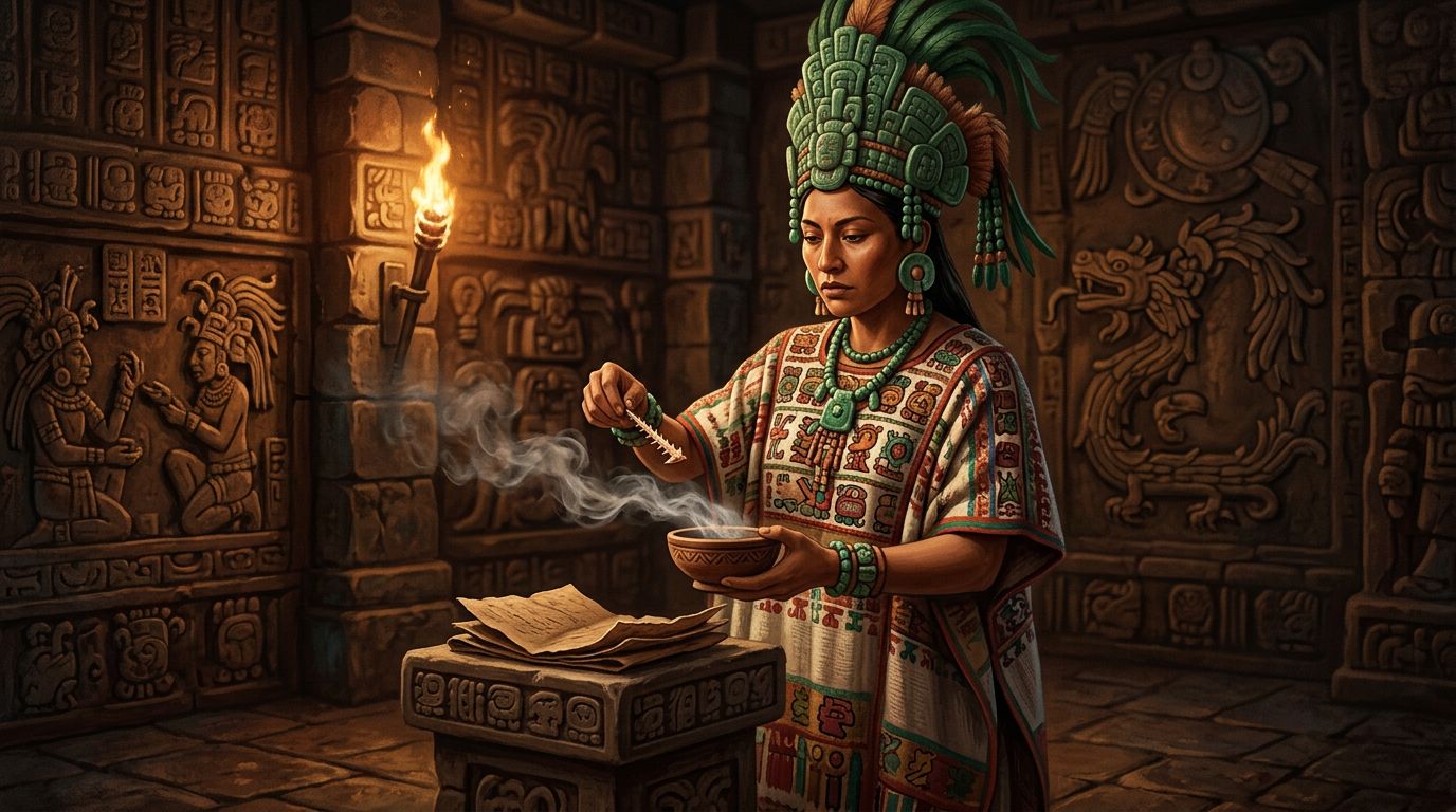 Maya royal woman performs a bloodletting ritual inside a torchlit temple.