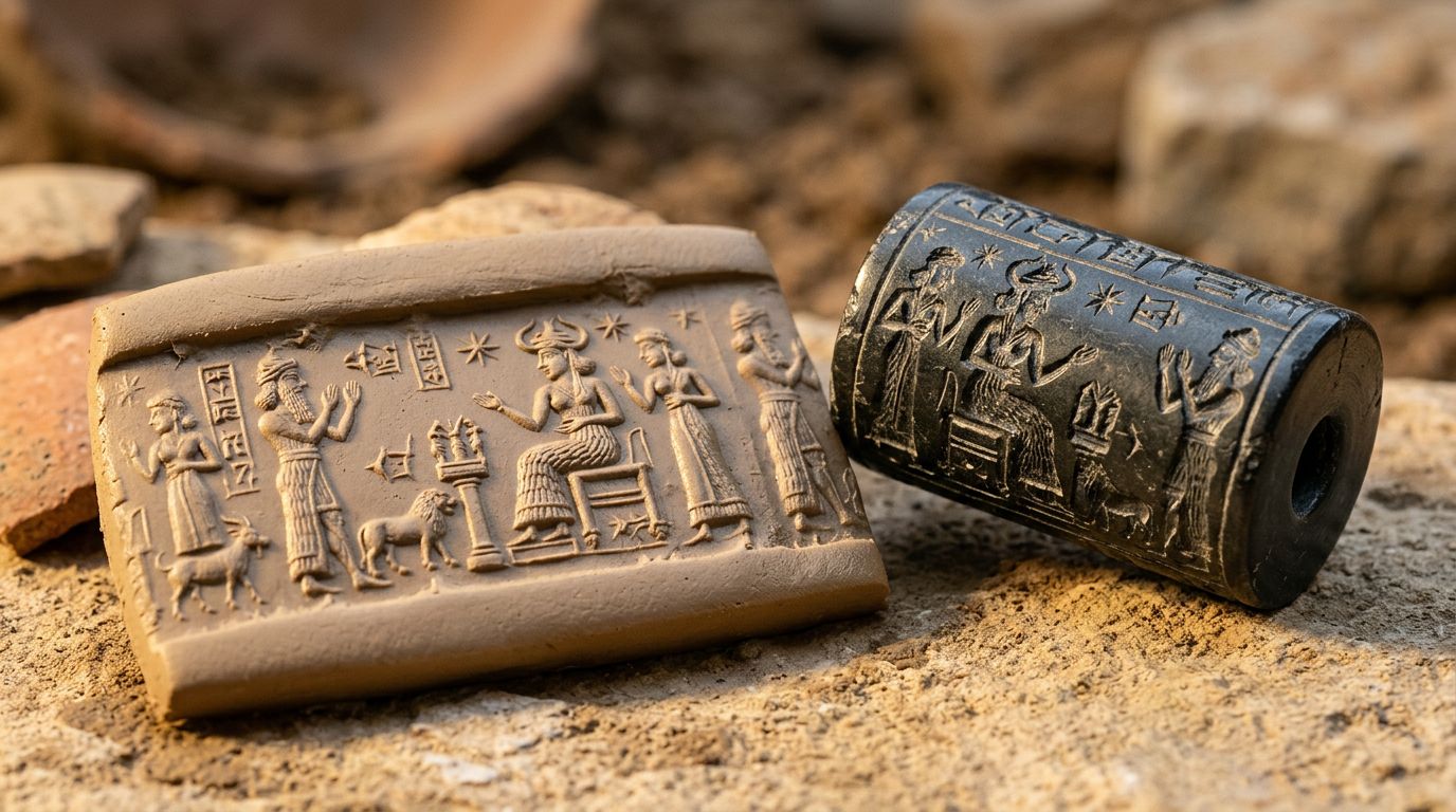 A carved Sumerian seal beside a clay tablet bearing repeated figures.