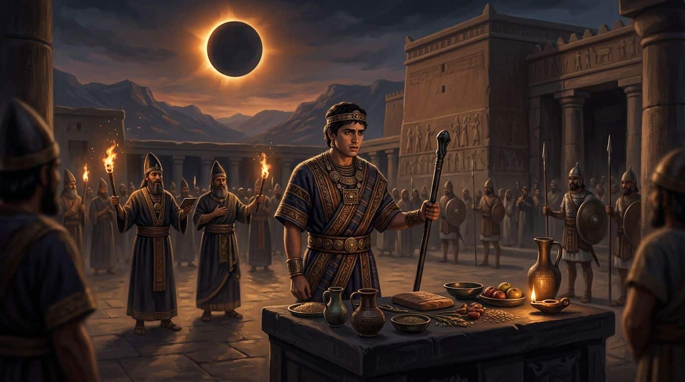 A Hittite substitute king stands before an altar during a solar eclipse.