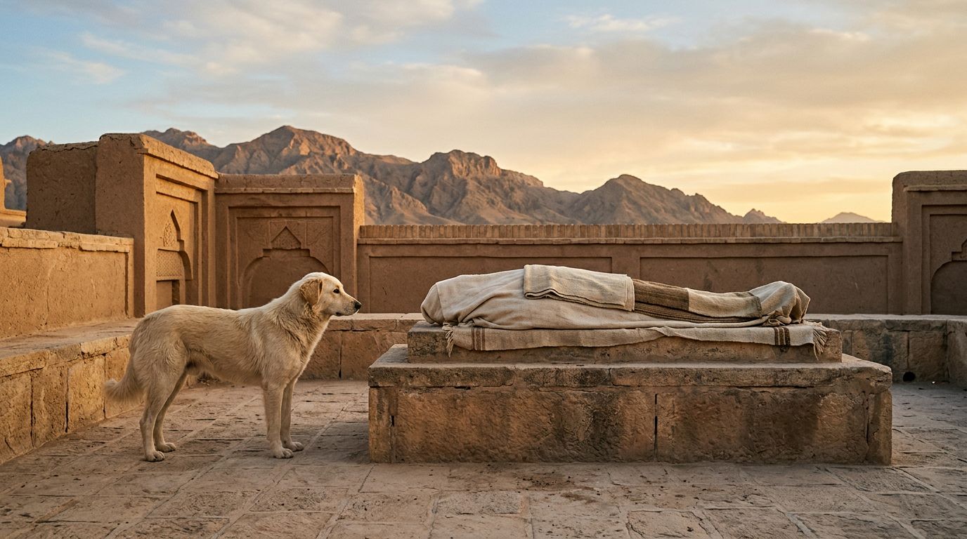 A cream-colored dog gazes toward a covered body on a stone bier at dawn.