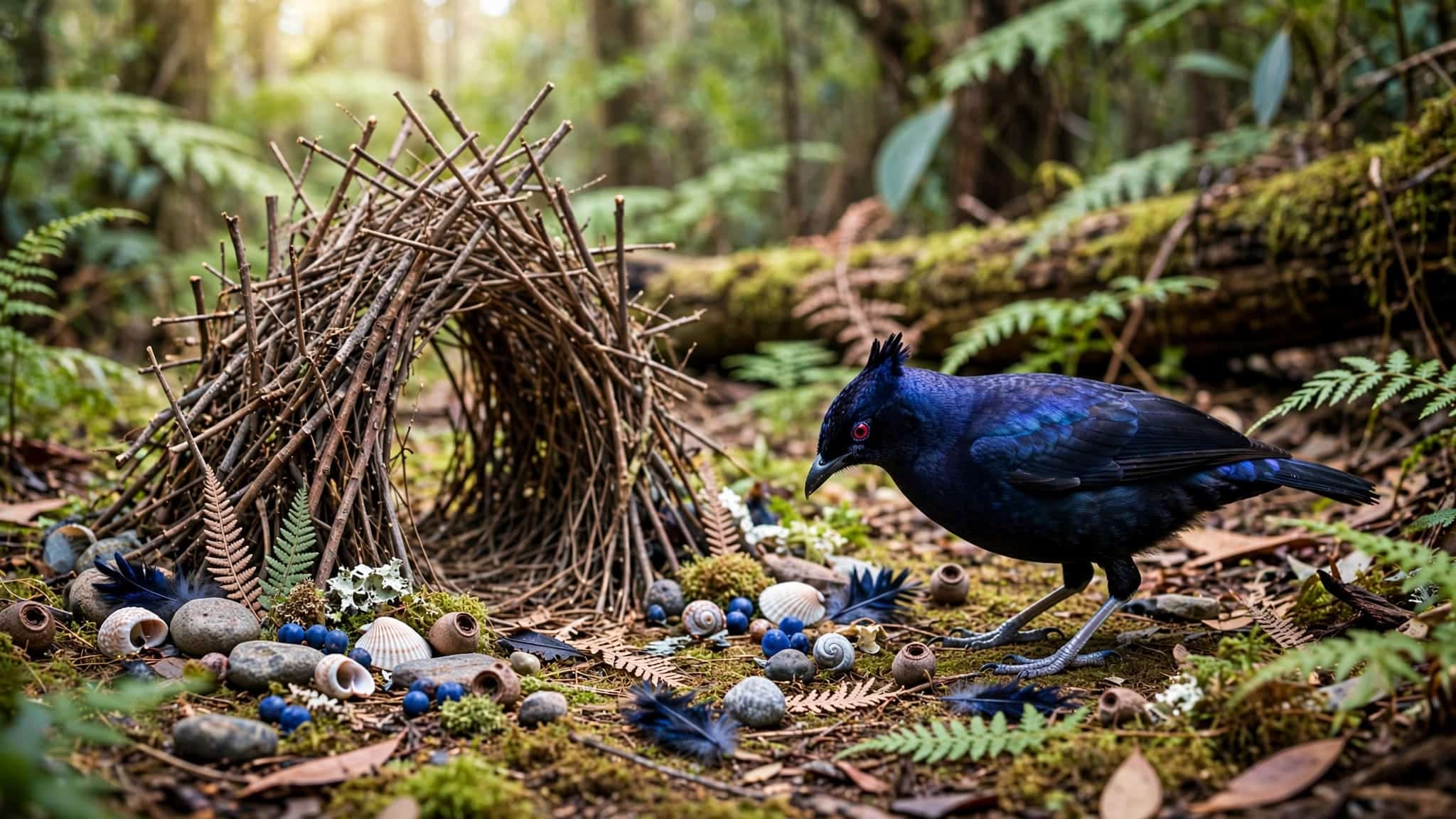 A satin bowerbird arranges blue objects beside its decorated stick bower.