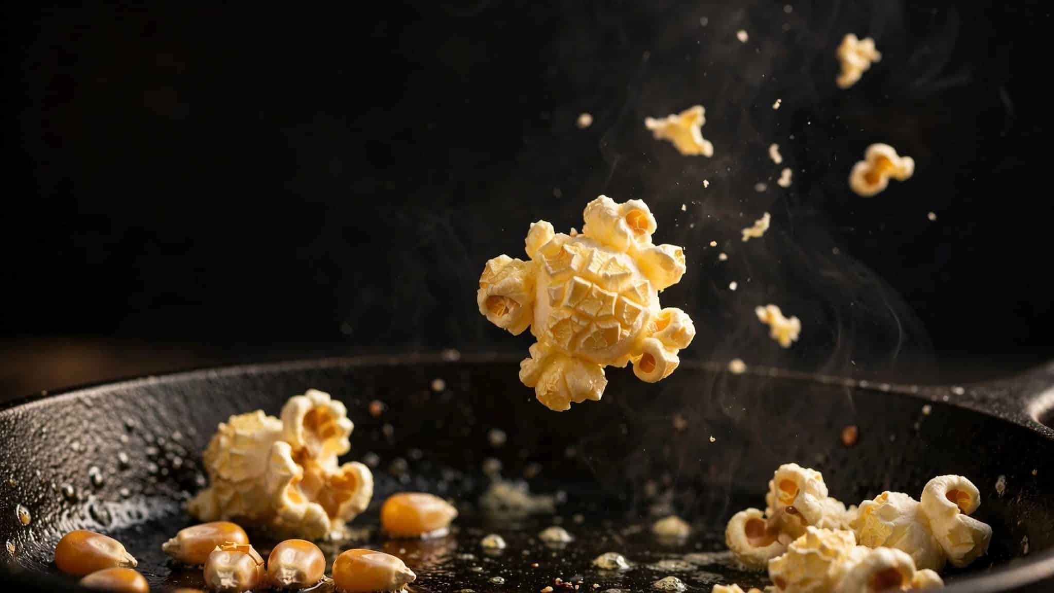 Golden popcorn bursts in a dark pan as a few flakes rise.
