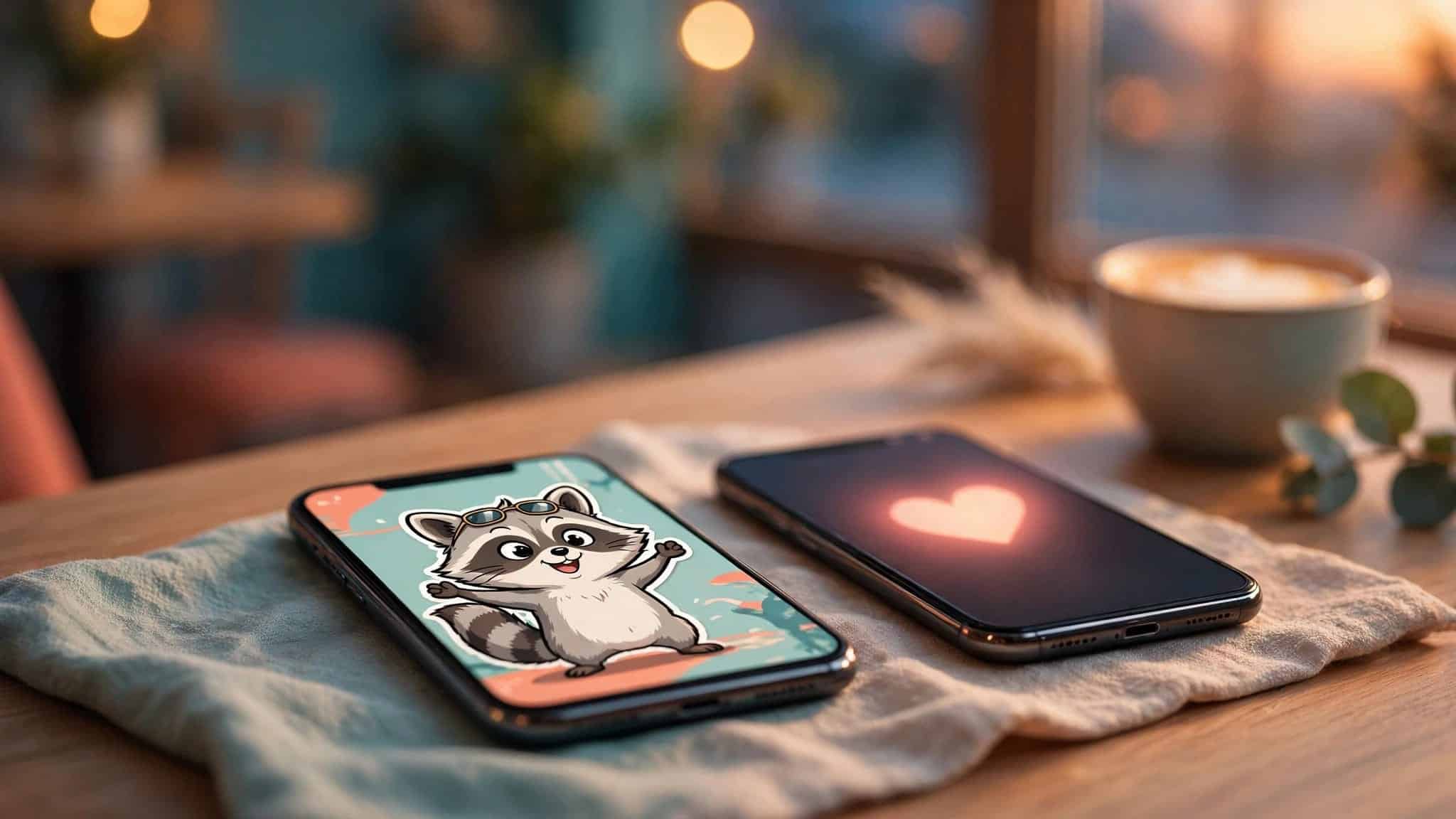 Two phones sit on a café table, one showing a raccoon meme and the other glowing with a heart.