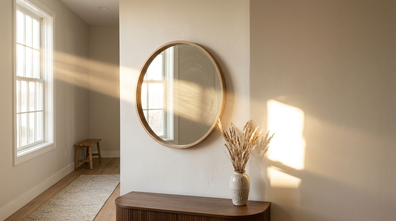 A mirror reflects a patch of sunlight onto the opposite wall.