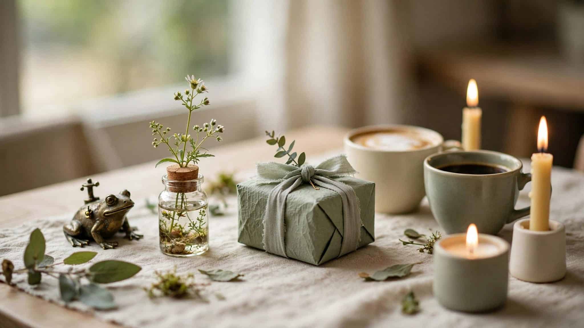 A tiny flower jar and wrapped gift sit between two coffee cups and candles.