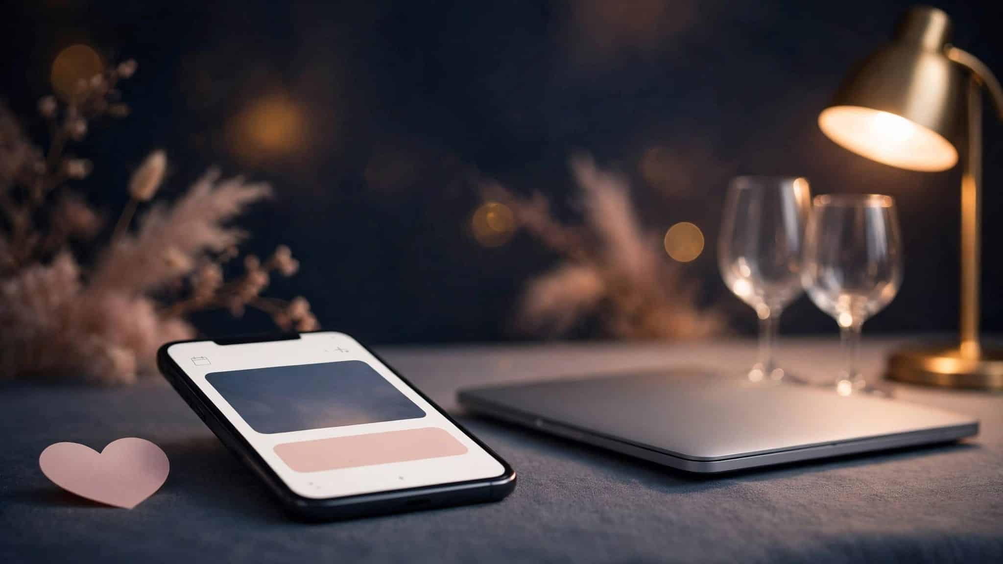 A blank evening invite on a phone beside a laptop, wine glasses, and a warm lamp.