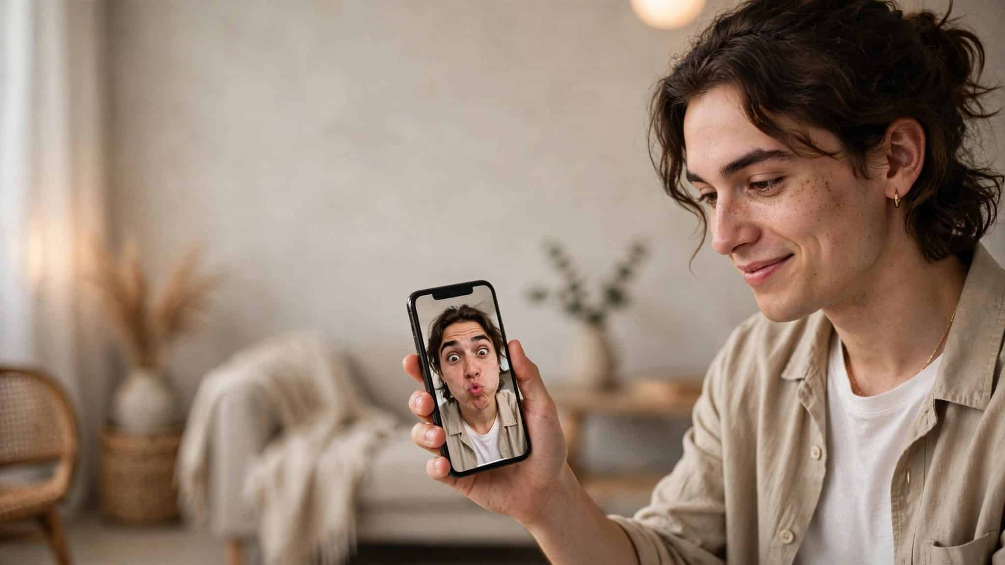 A young adult smiles while viewing an awkward selfie on a smartphone.