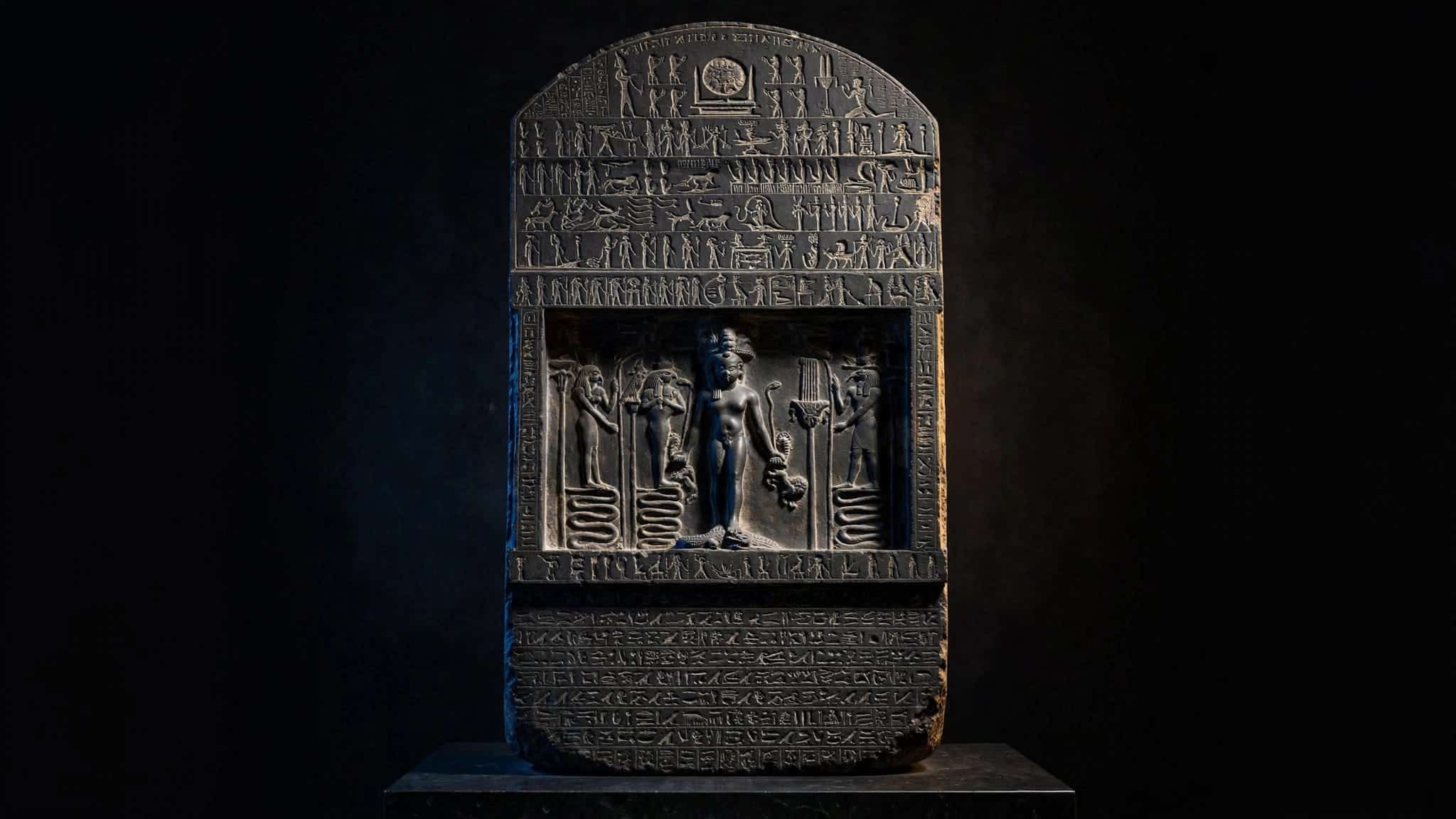 The Metternich Stela stands on a pedestal with carved Egyptian figures and symbols.