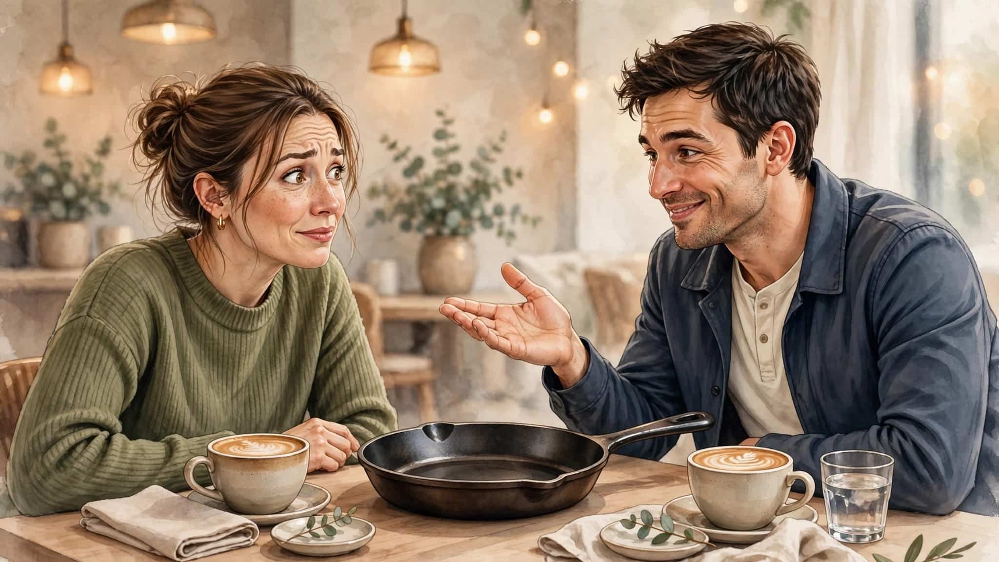 A woman and man talk over coffee with a frying pan between them.