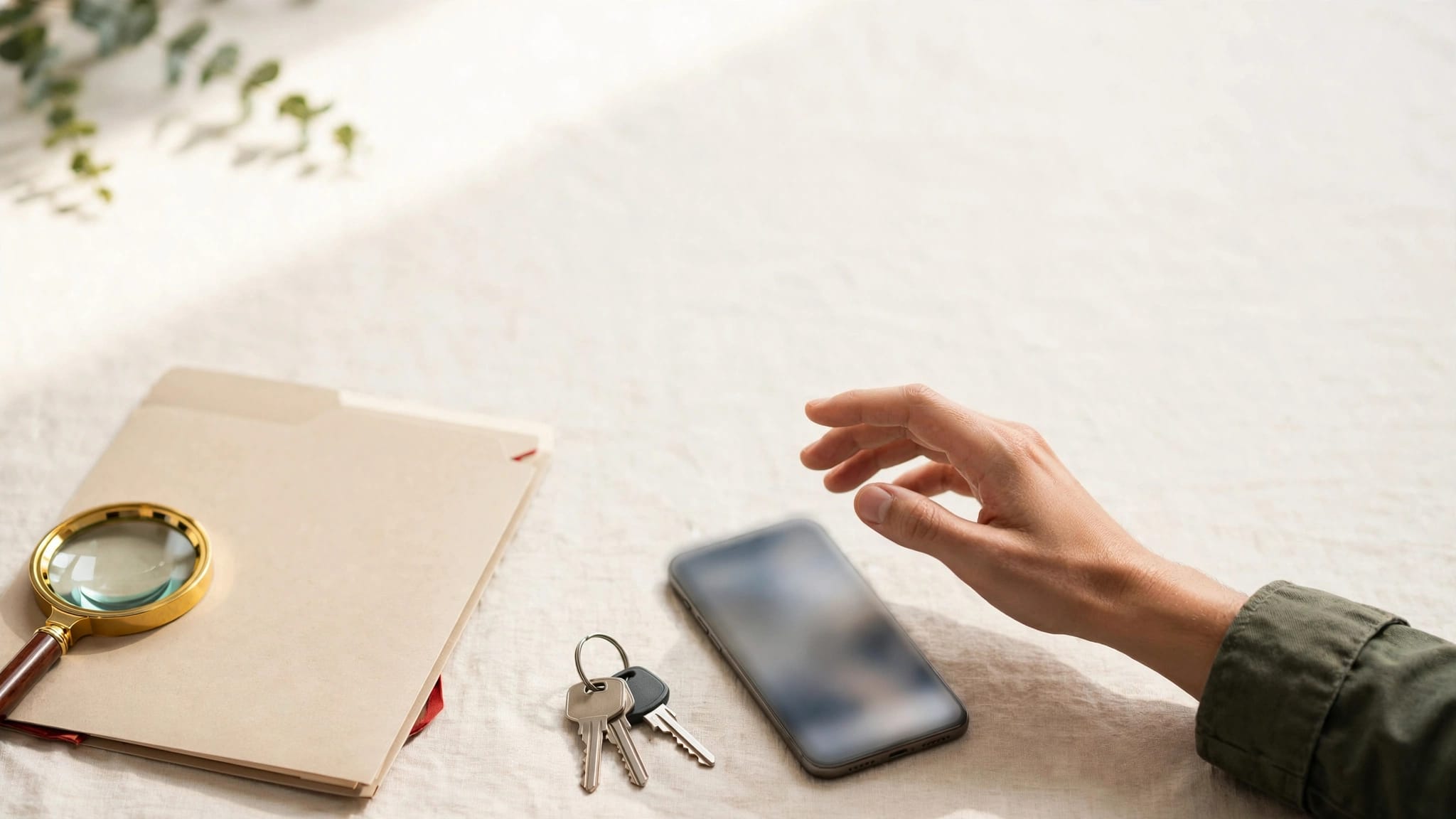 A renter pauses over a phone beside apartment keys, a lease folder, and a magnifying glass.