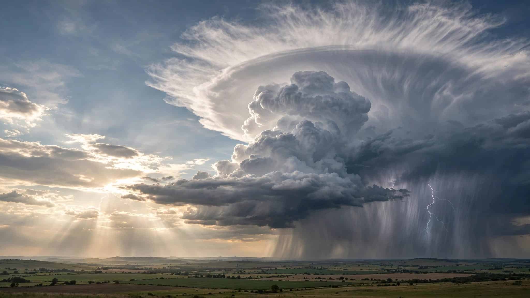 A towering thundercloud with rain and faint lightning over open rural fields.