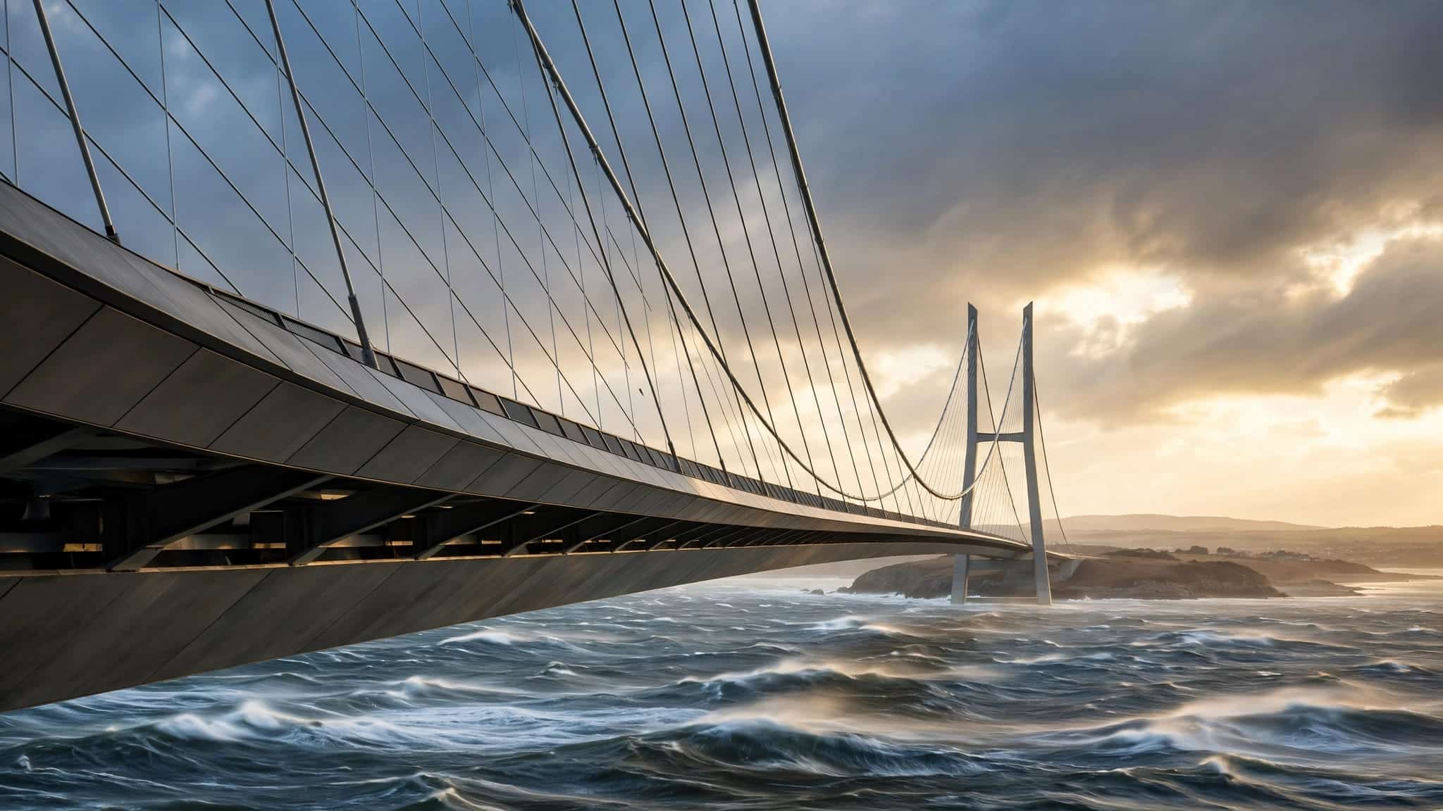 A suspension bridge curves toward a distant shore above choppy coastal water.