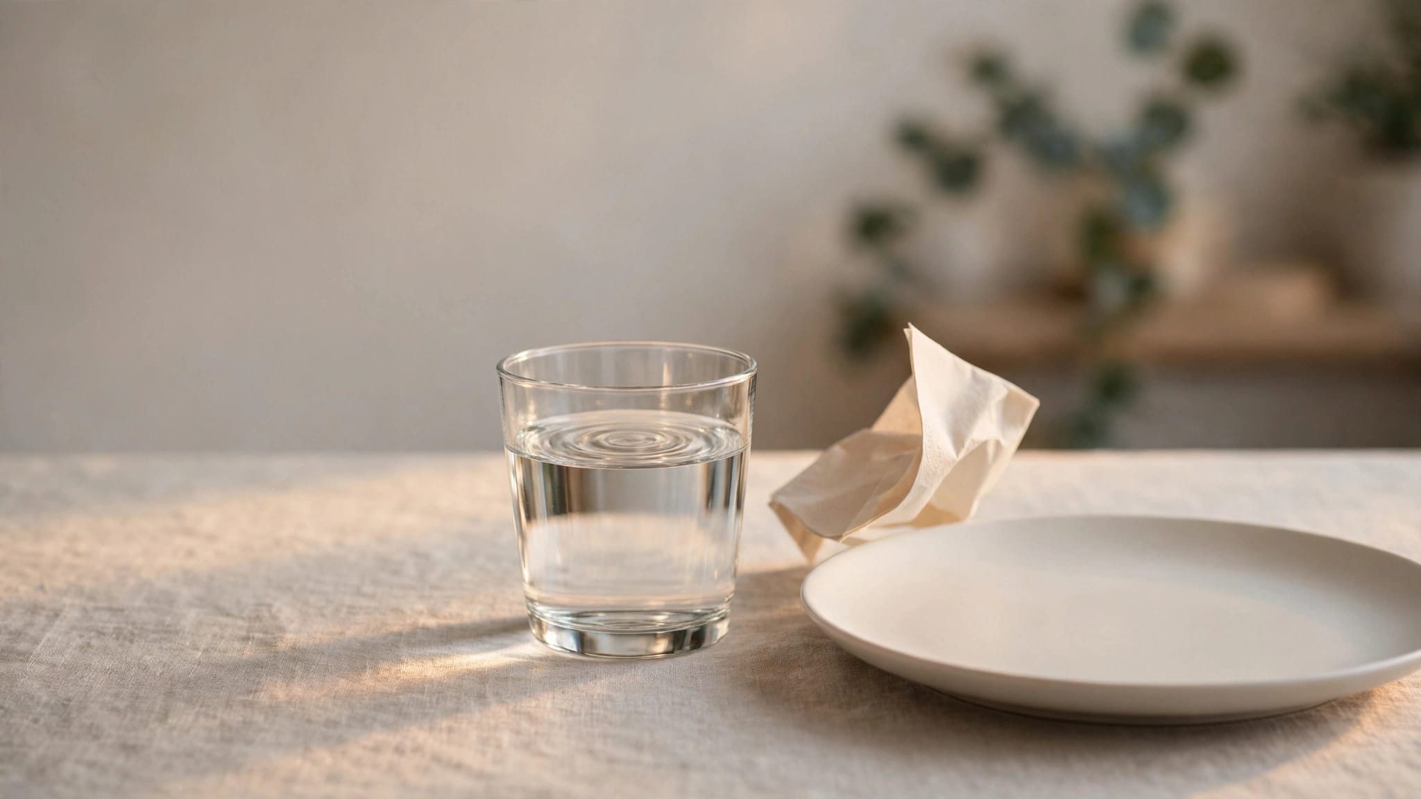 A glass of rippling water, dinner plate, and lifted napkin on a kitchen table.