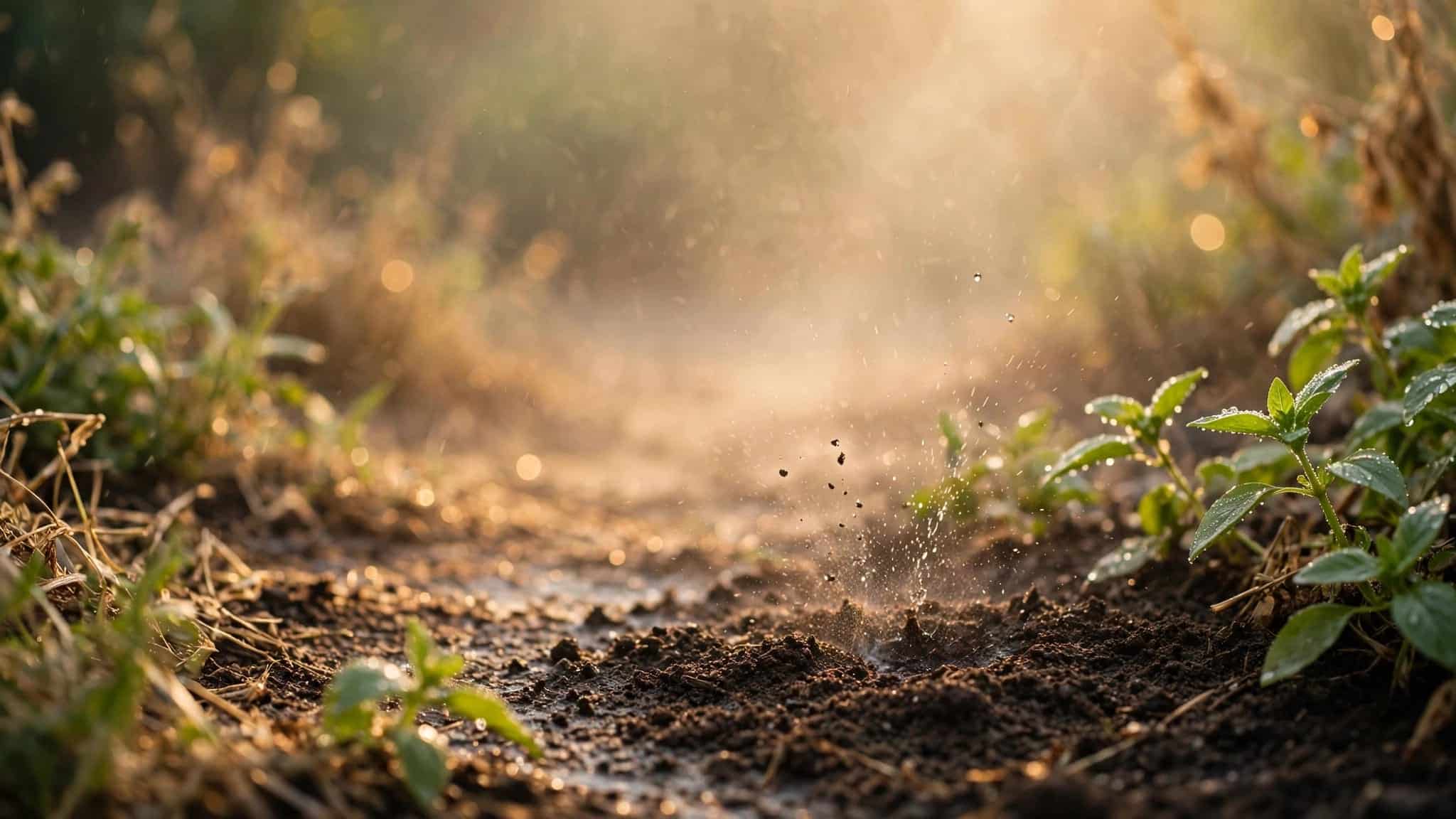 Raindrops splash on dark soil beside fresh green leaves.