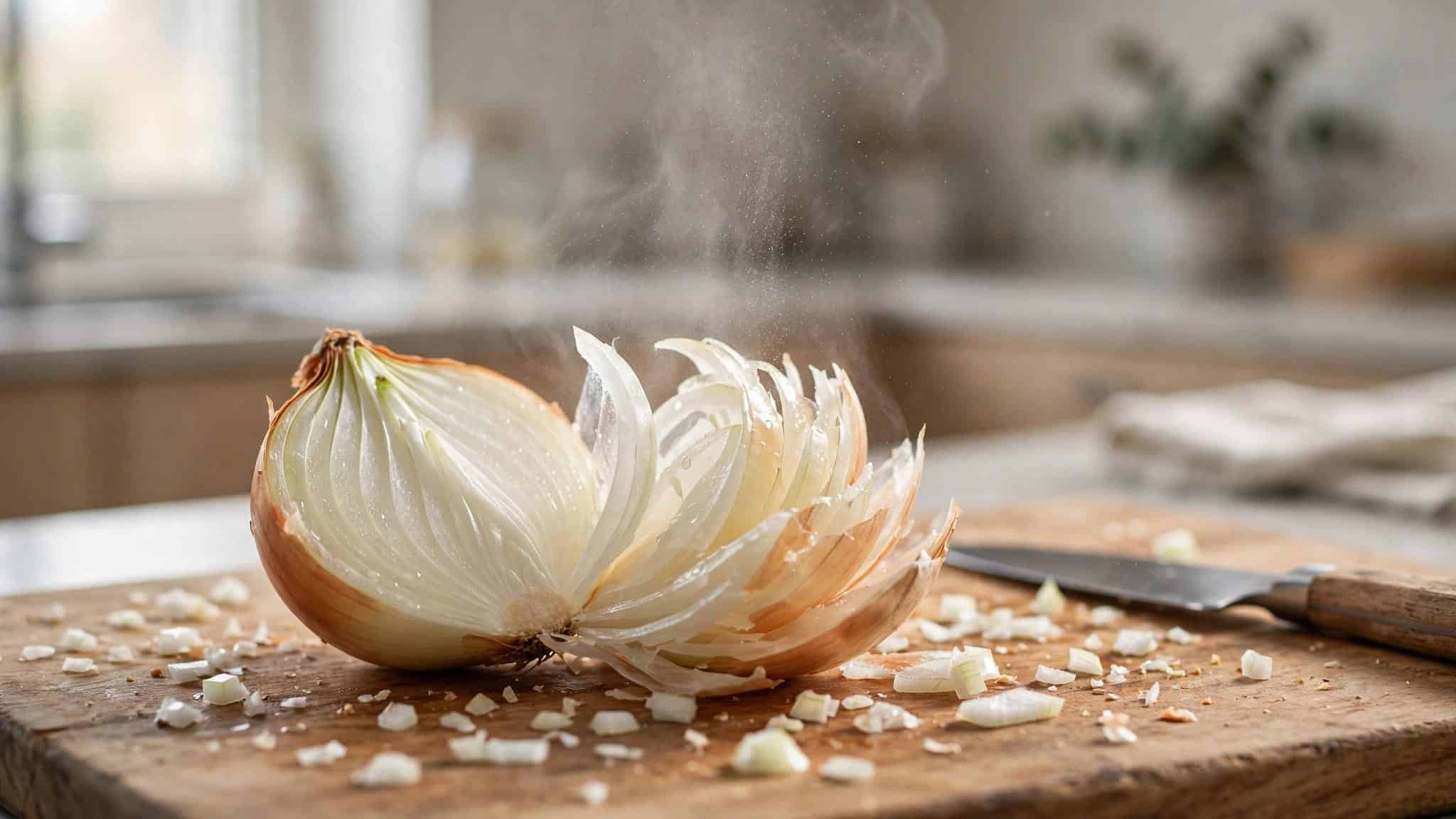 A cut onion and loose pieces rest on a wooden board beside a knife.