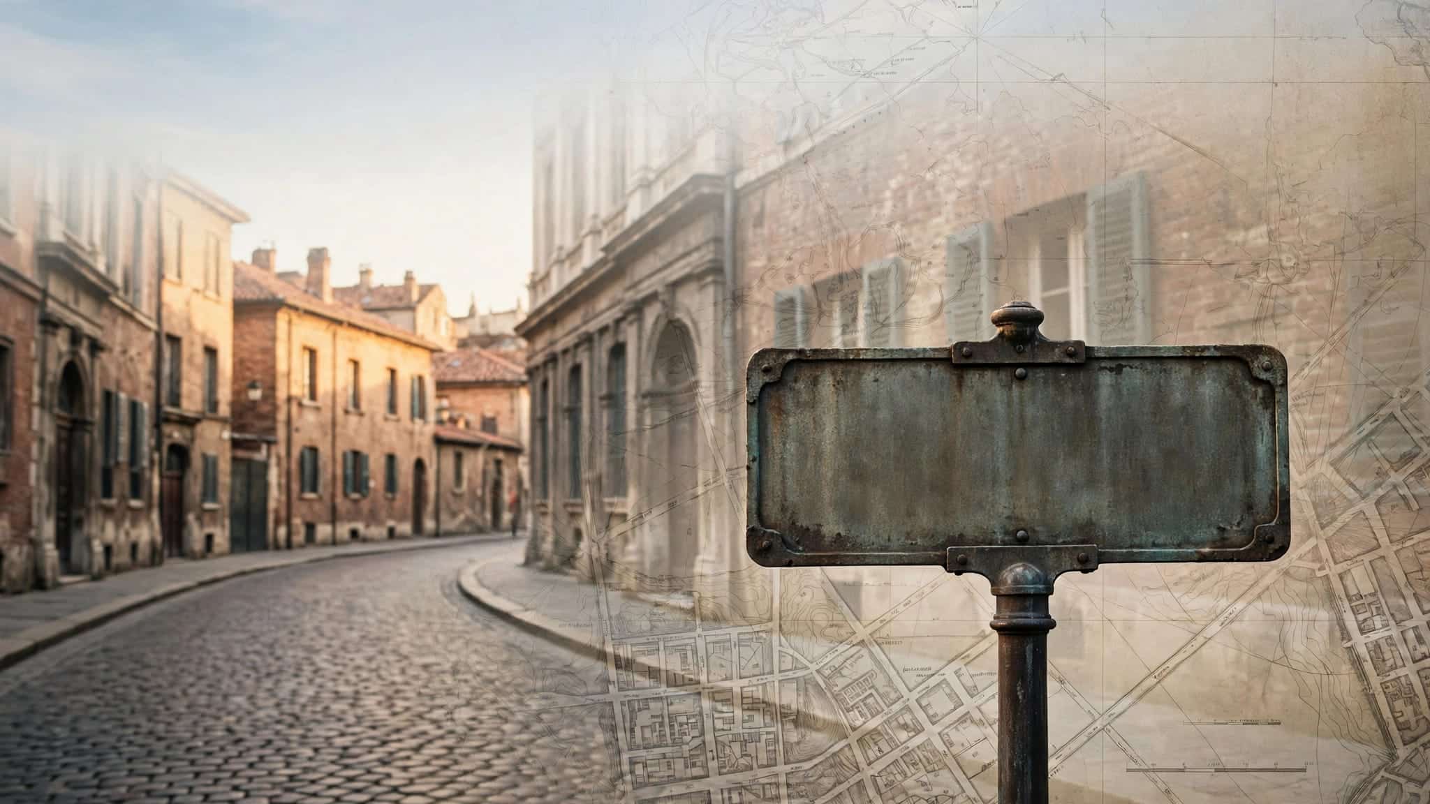 An old street sign overlooks cobblestones and brick buildings at sunset.