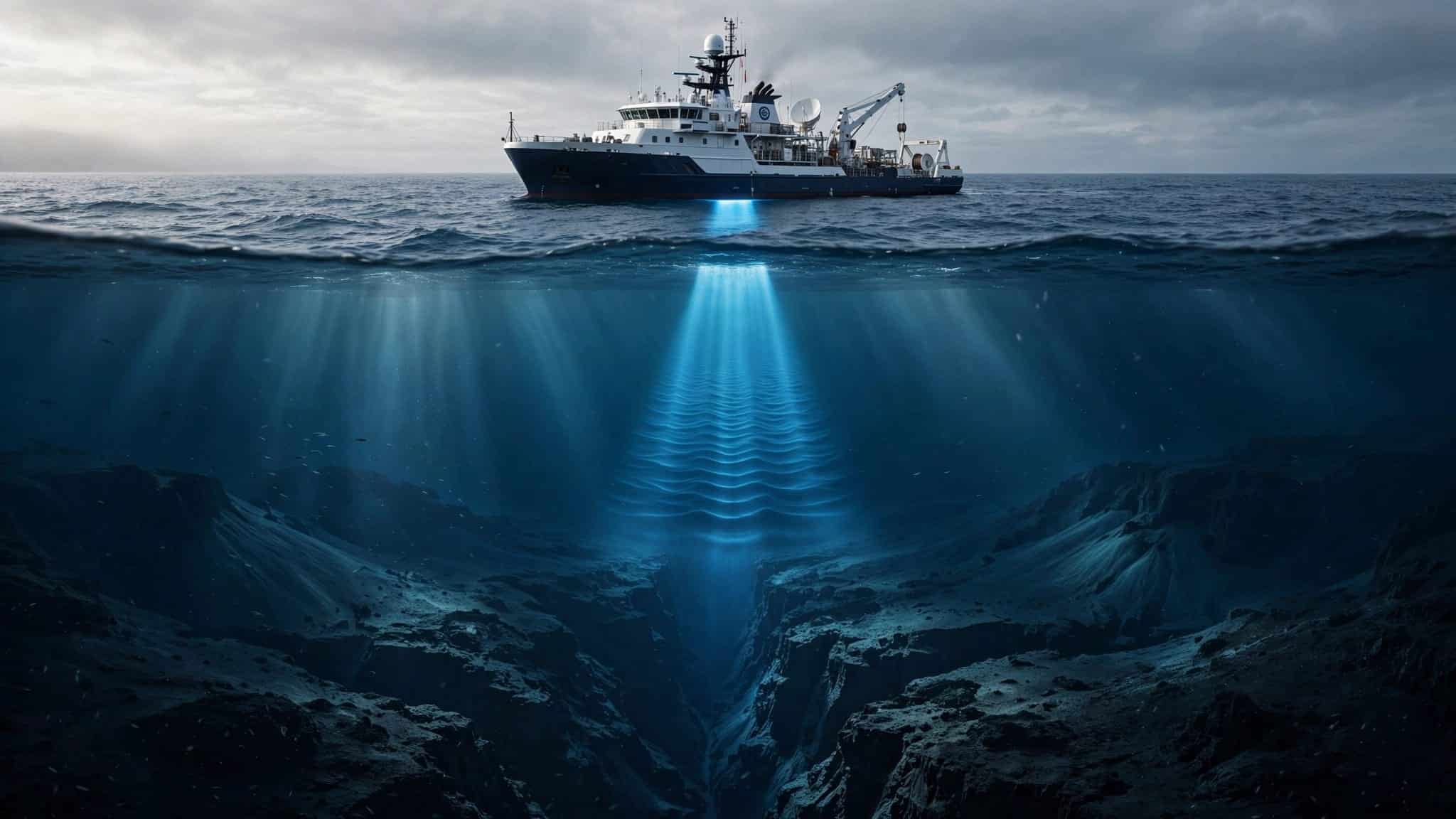 A research vessel shines sonar into the dark Mariana Trench.