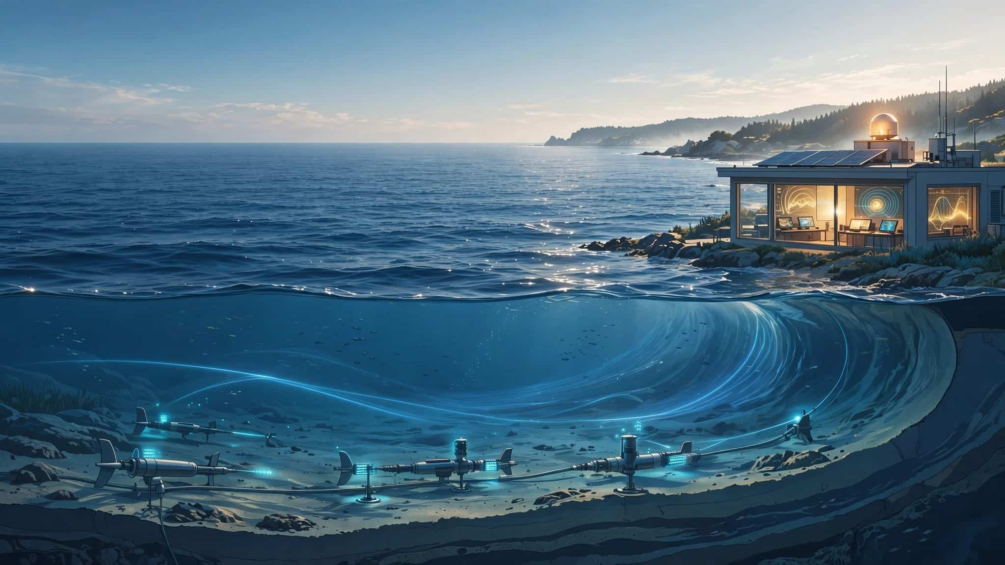 A coastal station monitors underwater sensors beneath a calm ocean.