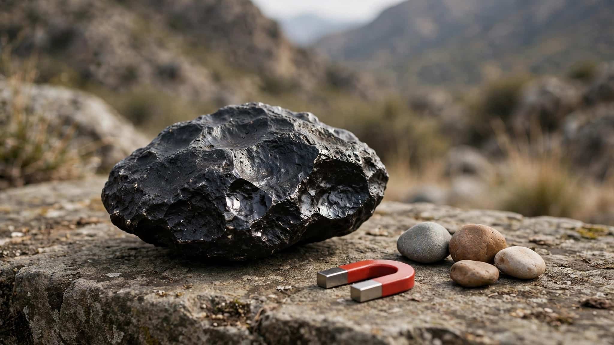 A dark meteorite rests beside a small magnet and several river rocks.