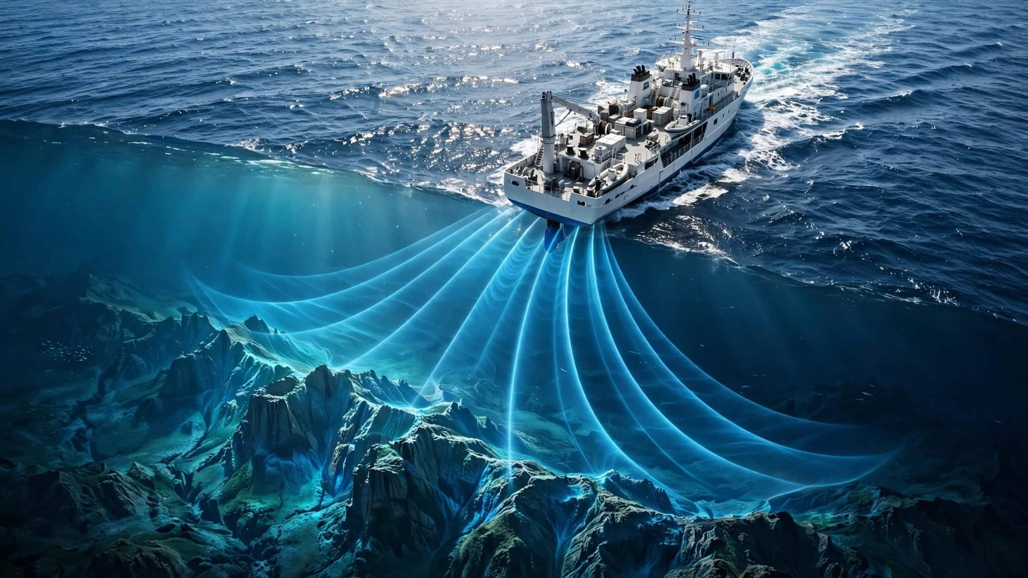 A research vessel sends blue sonar waves toward a mountain ridge on the ocean floor.