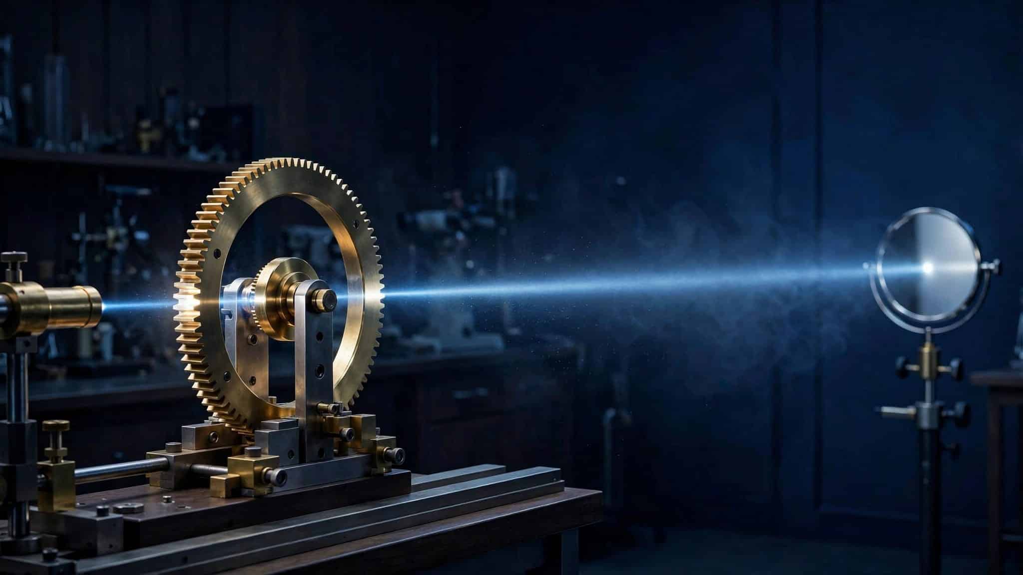 A toothed wheel interrupts a beam aimed at a distant mirror.