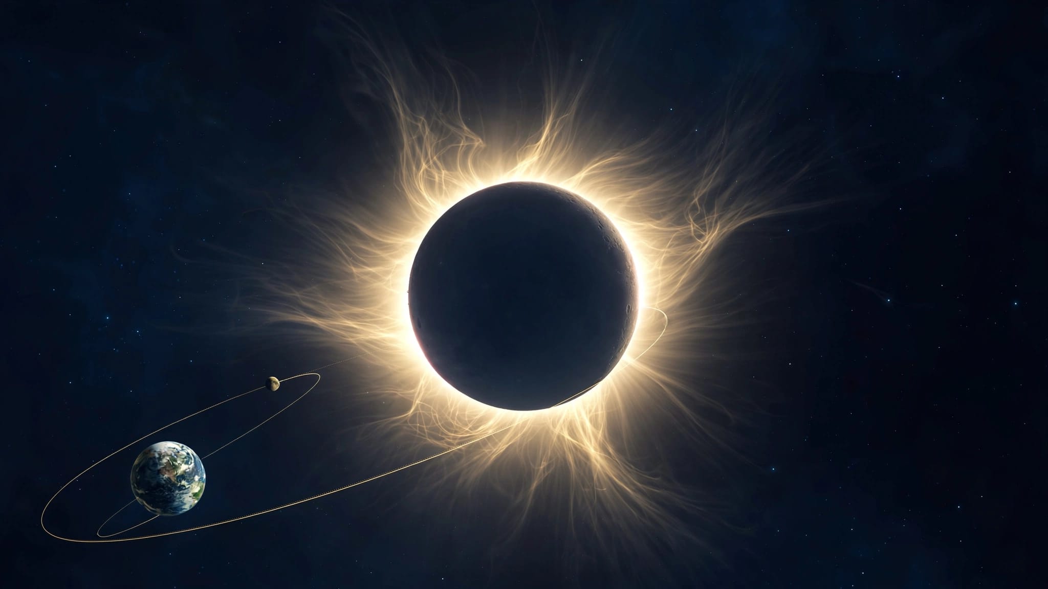 The Moon covers the Sun, revealing a glowing corona beside faint orbital paths.