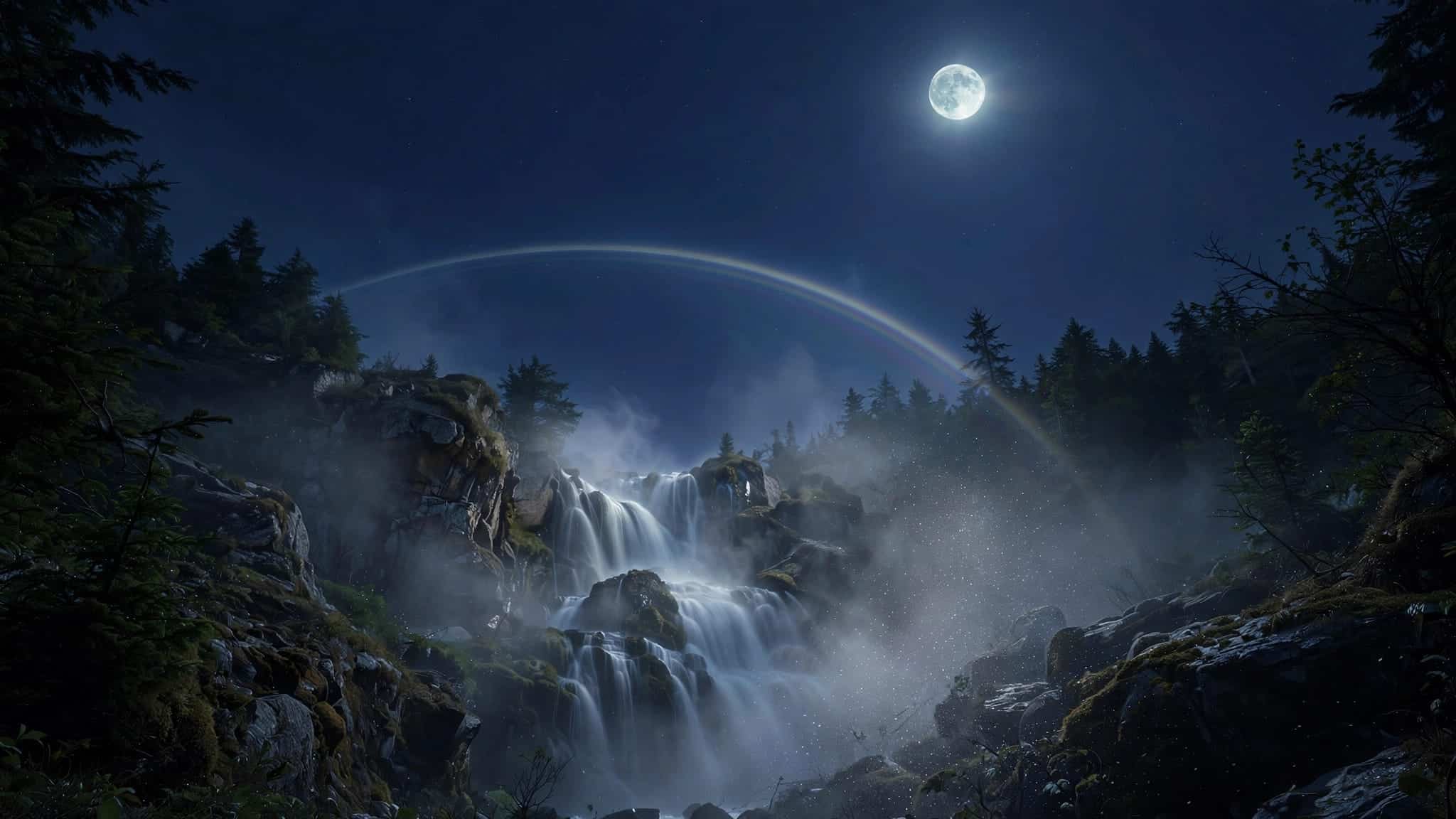 A pale rainbow arches above a moonlit waterfall framed by dark trees and rocks.