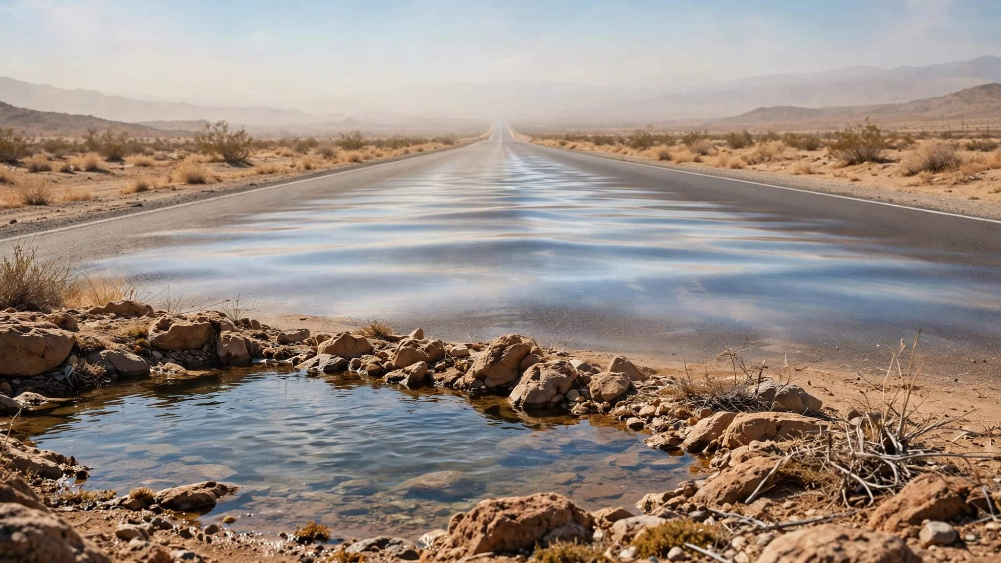 A real stony pool beside a highway contrasts with a distant mirage on the road.