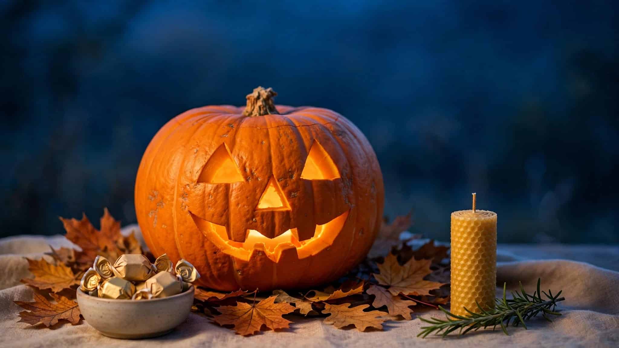 A glowing carved pumpkin with autumn leaves, wrapped sweets, and an unlit candle.