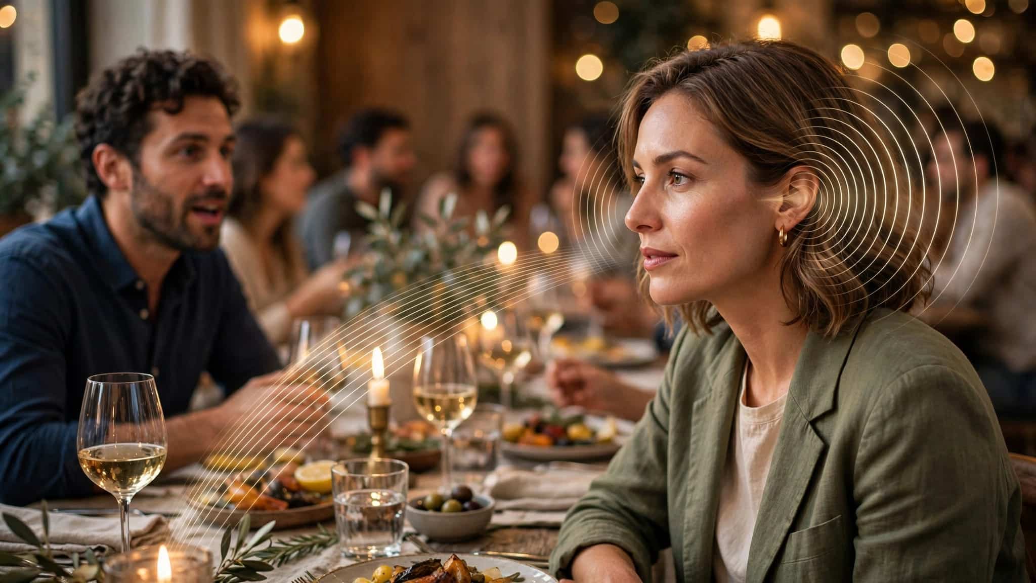 A woman listens to a friend across a dinner table as sound-wave arcs point toward her ears.